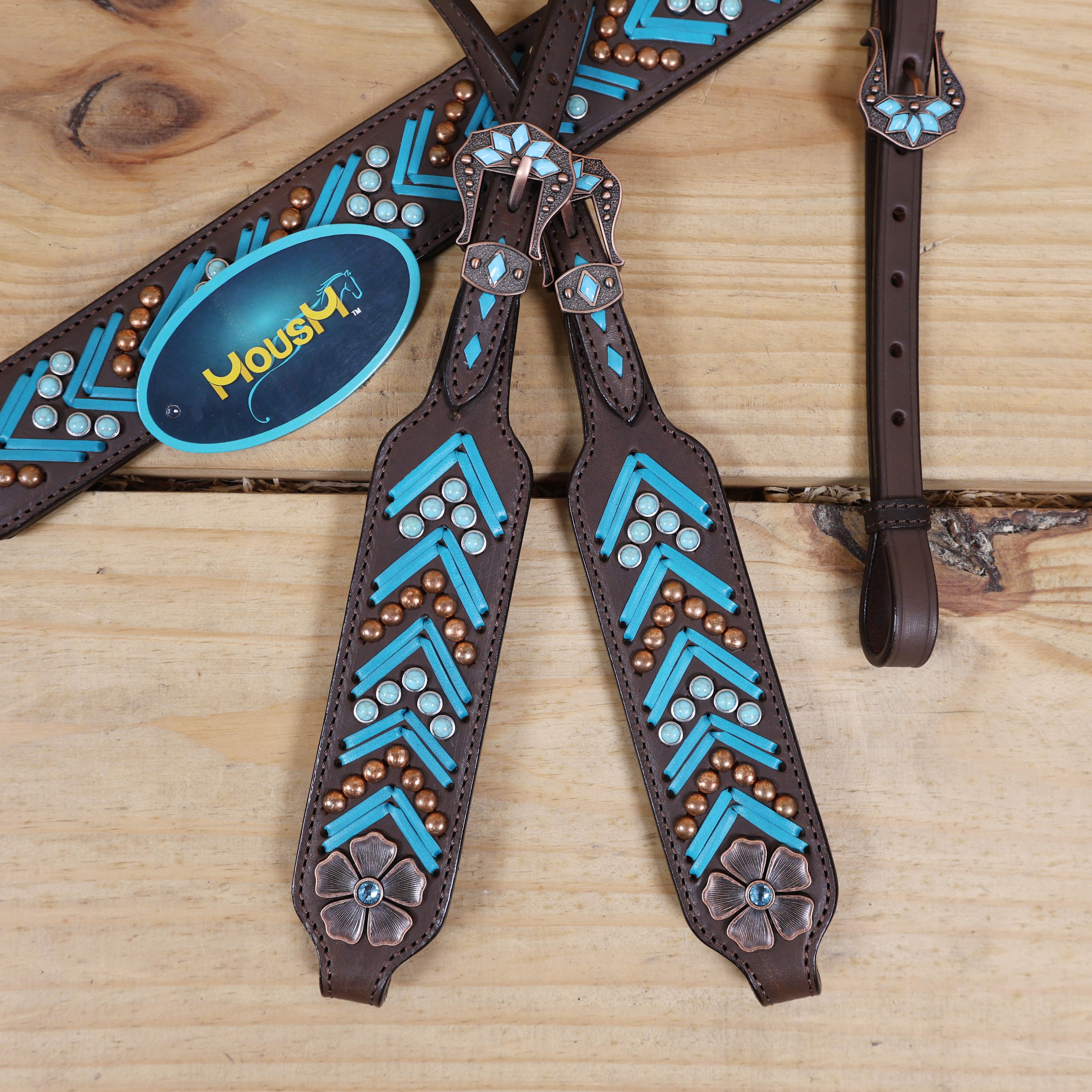 Western Horse Headstall, Turquoise Arrow Shape Rawhide Braiding with Copper and Turquoise Studs All Over the Tack with Flower Conchos MOUSM