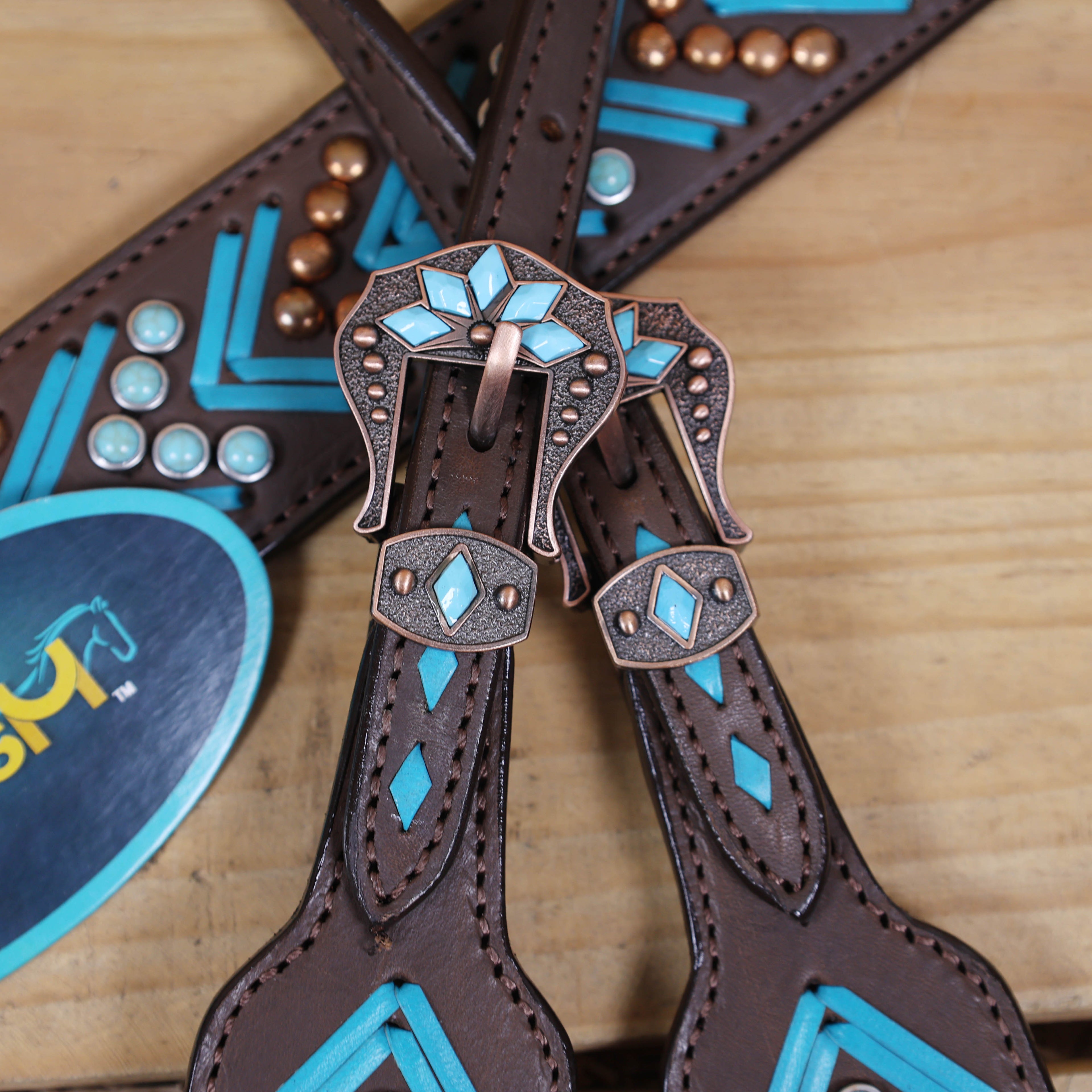 Western Horse Headstall, Turquoise Arrow Shape Rawhide Braiding with Copper and Turquoise Studs All Over the Tack with Flower Conchos MOUSM