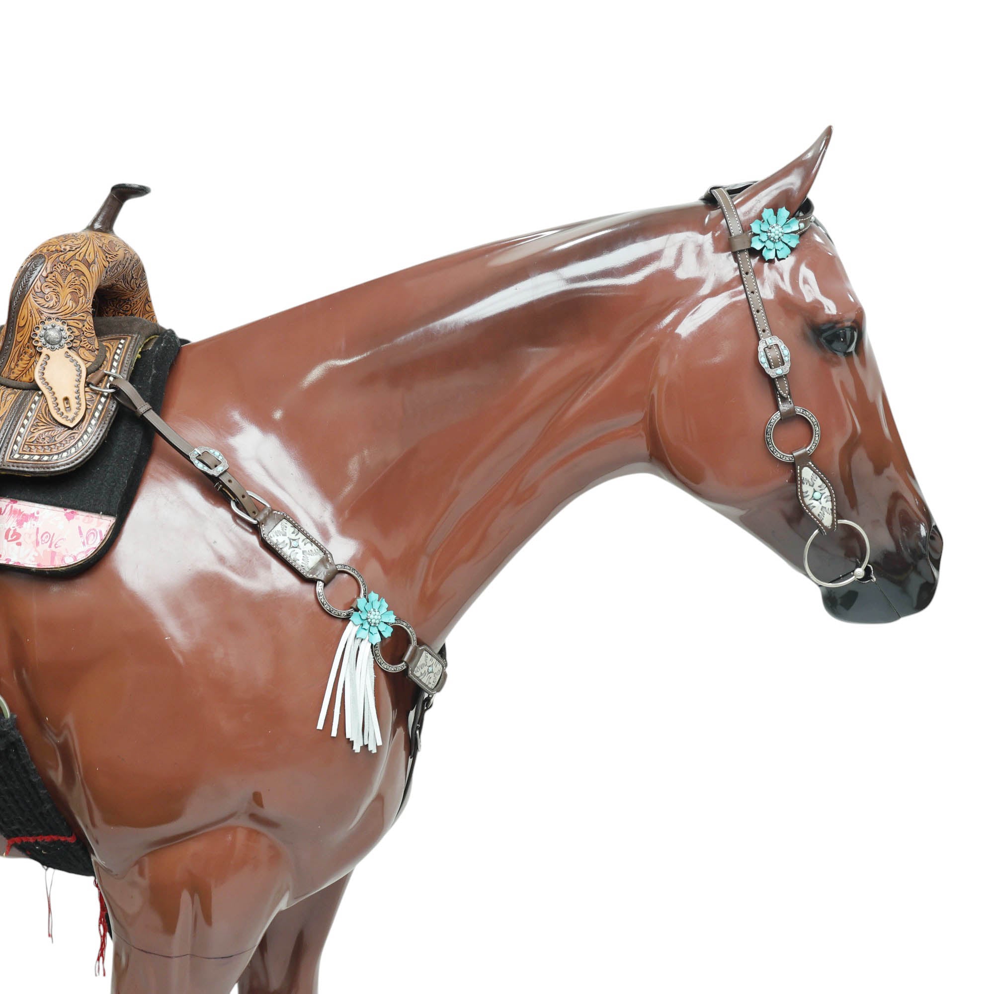 Western Leather Headstall and Breast Collar Tack Set, 3D Turquoise Leather Flower Concho with Fringe and Silver Stock Embossed Leather MOUSM