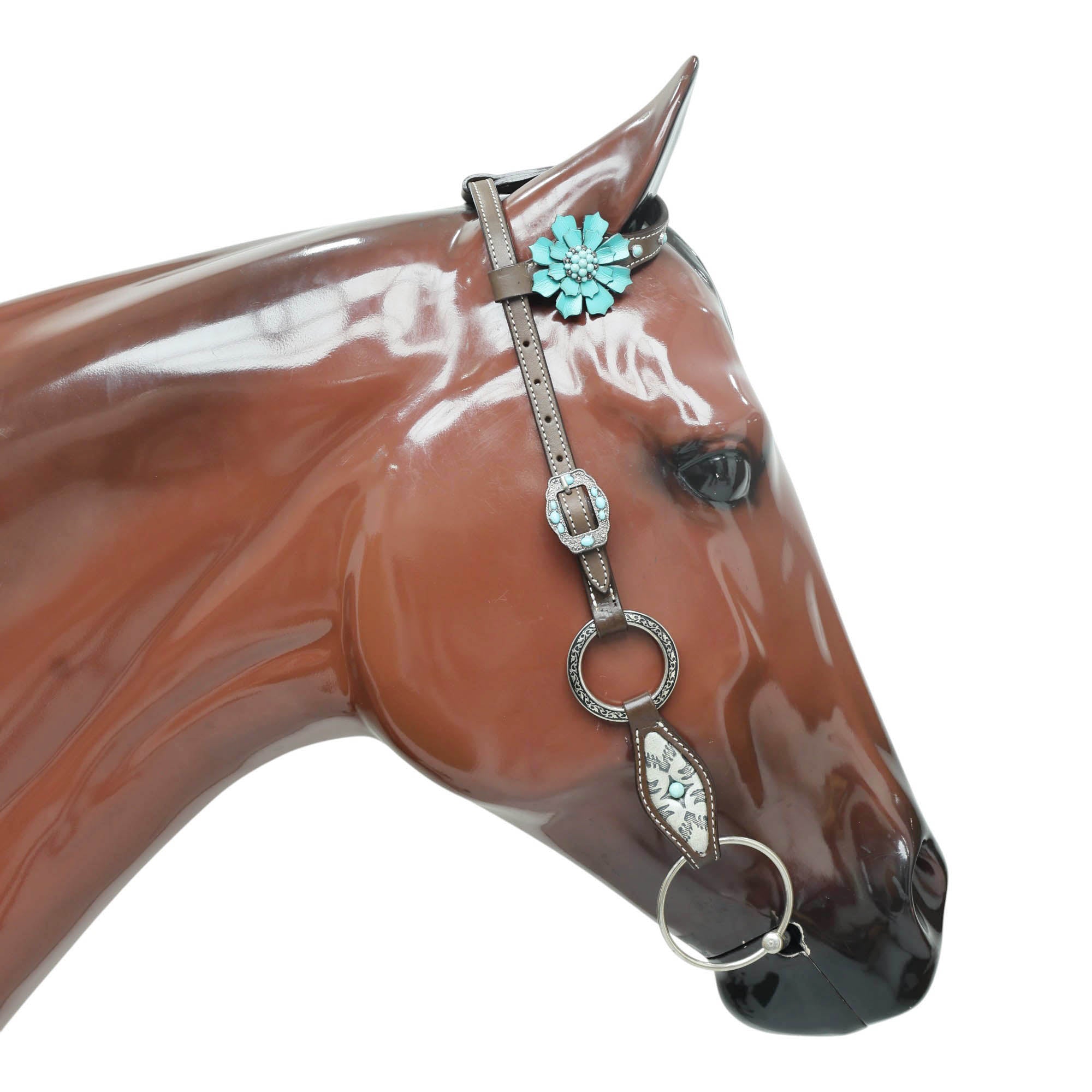 Western Leather Headstall and Breast Collar Tack Set, 3D Turquoise Leather Flower Concho with Fringe and Silver Stock Embossed Leather MOUSM