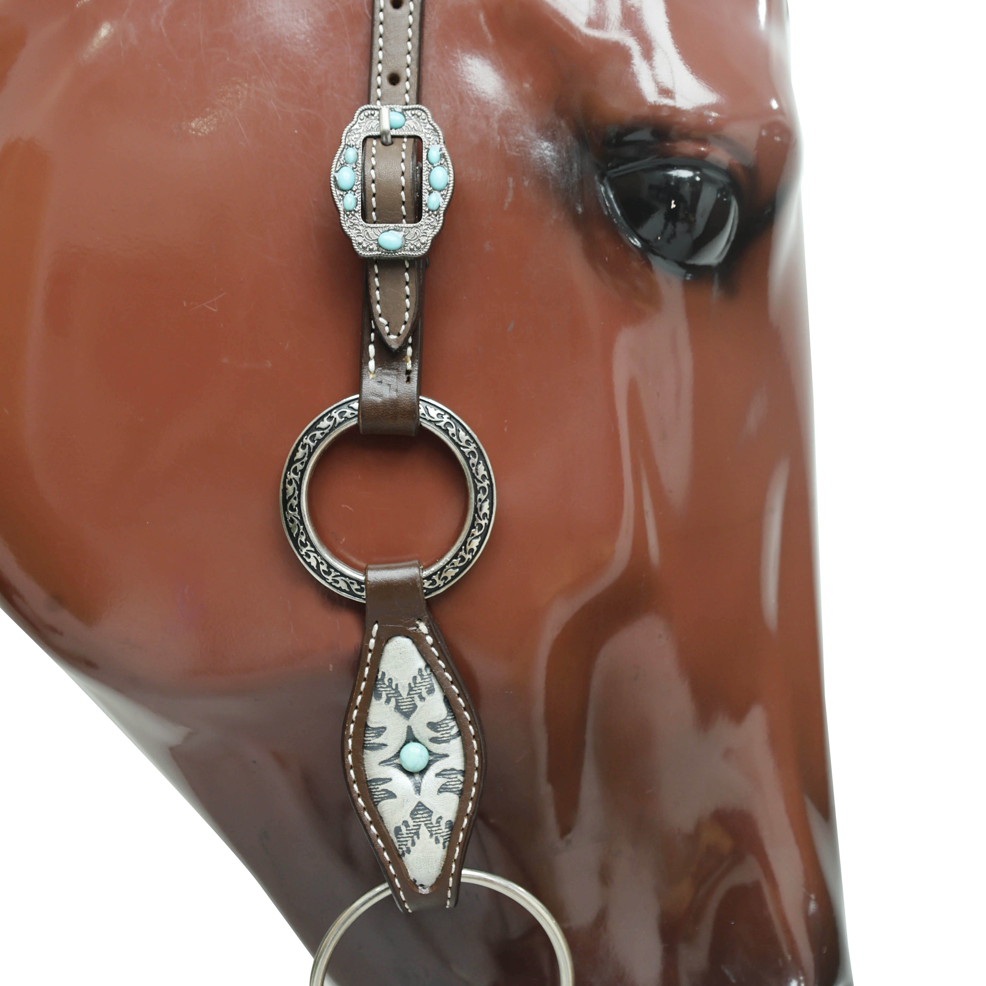 Western Leather Headstall and Breast Collar Tack Set, 3D Turquoise Leather Flower Concho with Fringe and Silver Stock Embossed Leather MOUSM