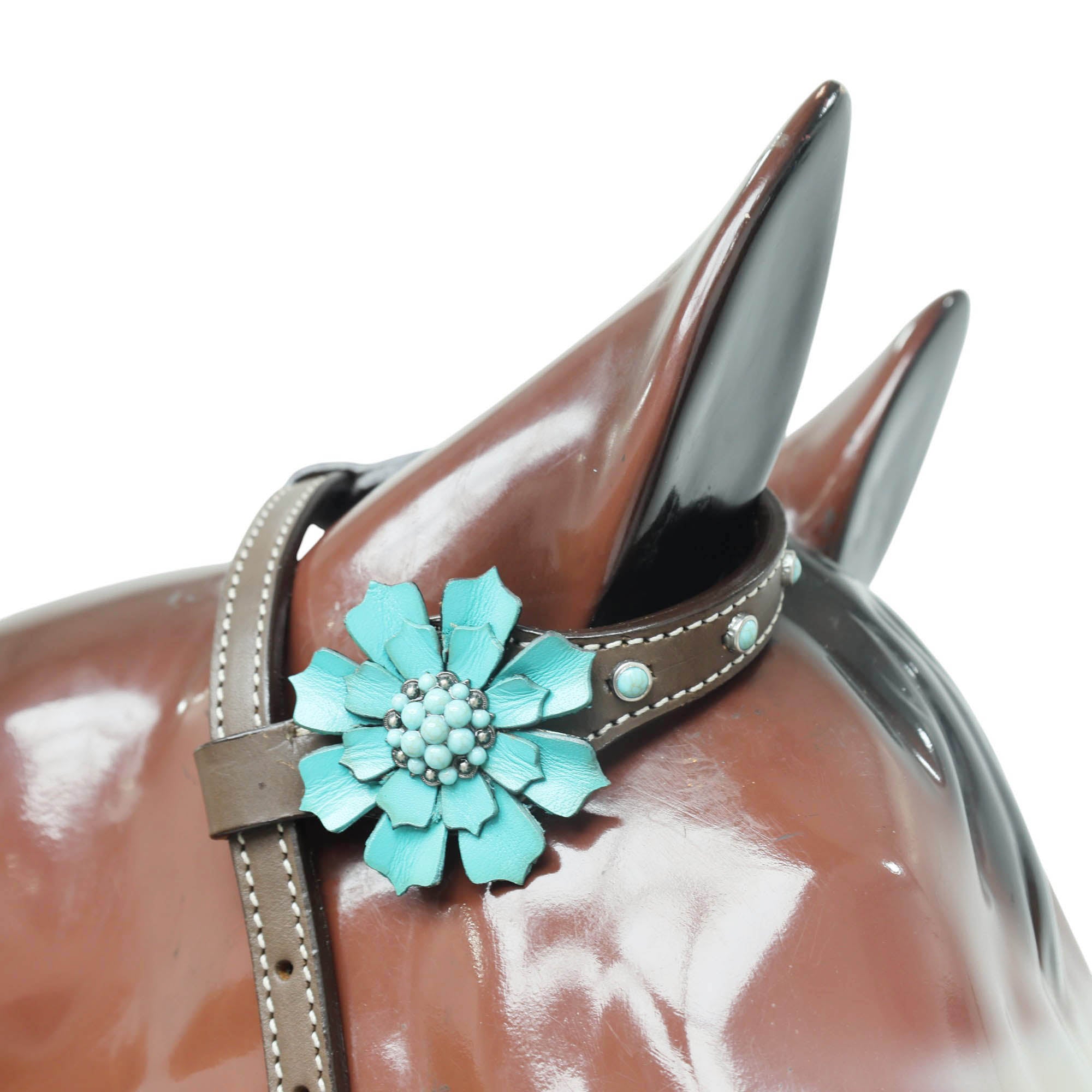 Western Leather Headstall and Breast Collar Tack Set, 3D Turquoise Leather Flower Concho with Fringe and Silver Stock Embossed Leather MOUSM