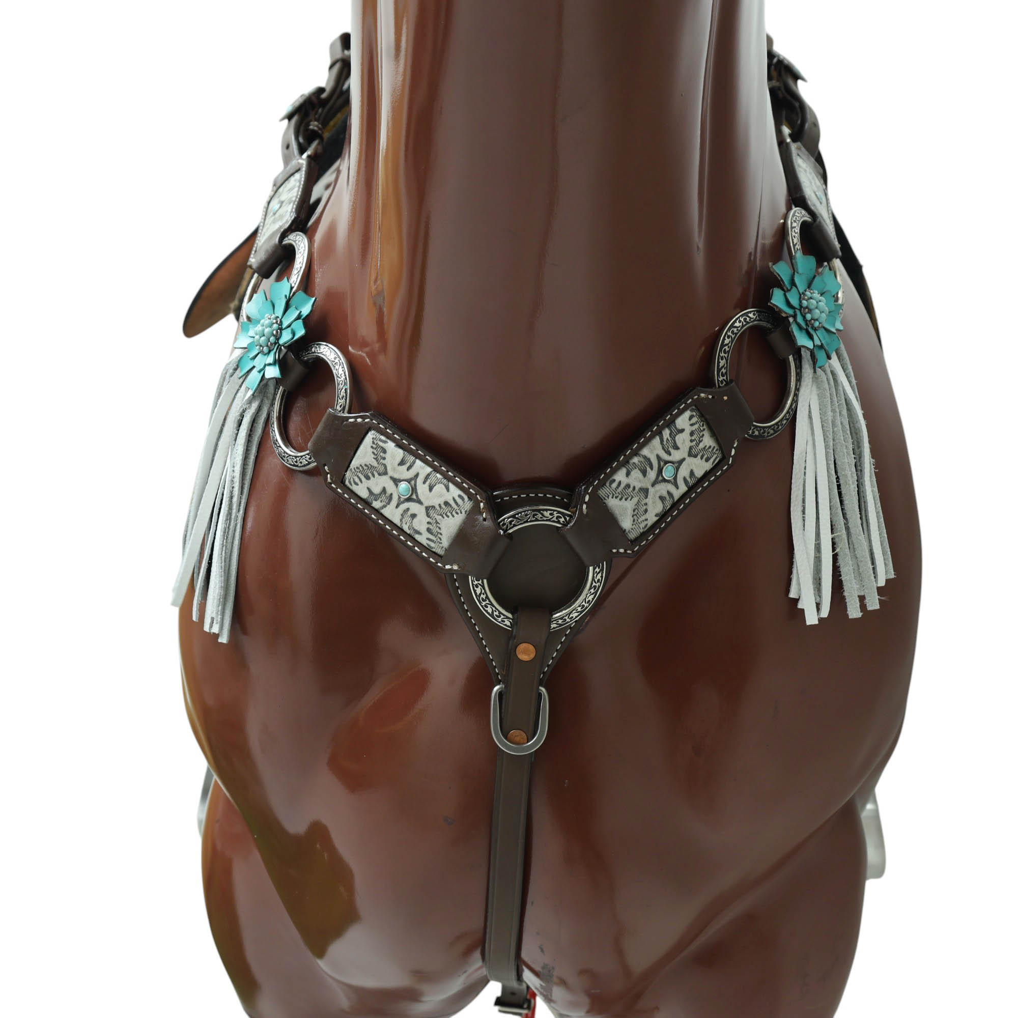 Western Leather Headstall and Breast Collar Tack Set, 3D Turquoise Leather Flower Concho with Fringe and Silver Stock Embossed Leather MOUSM
