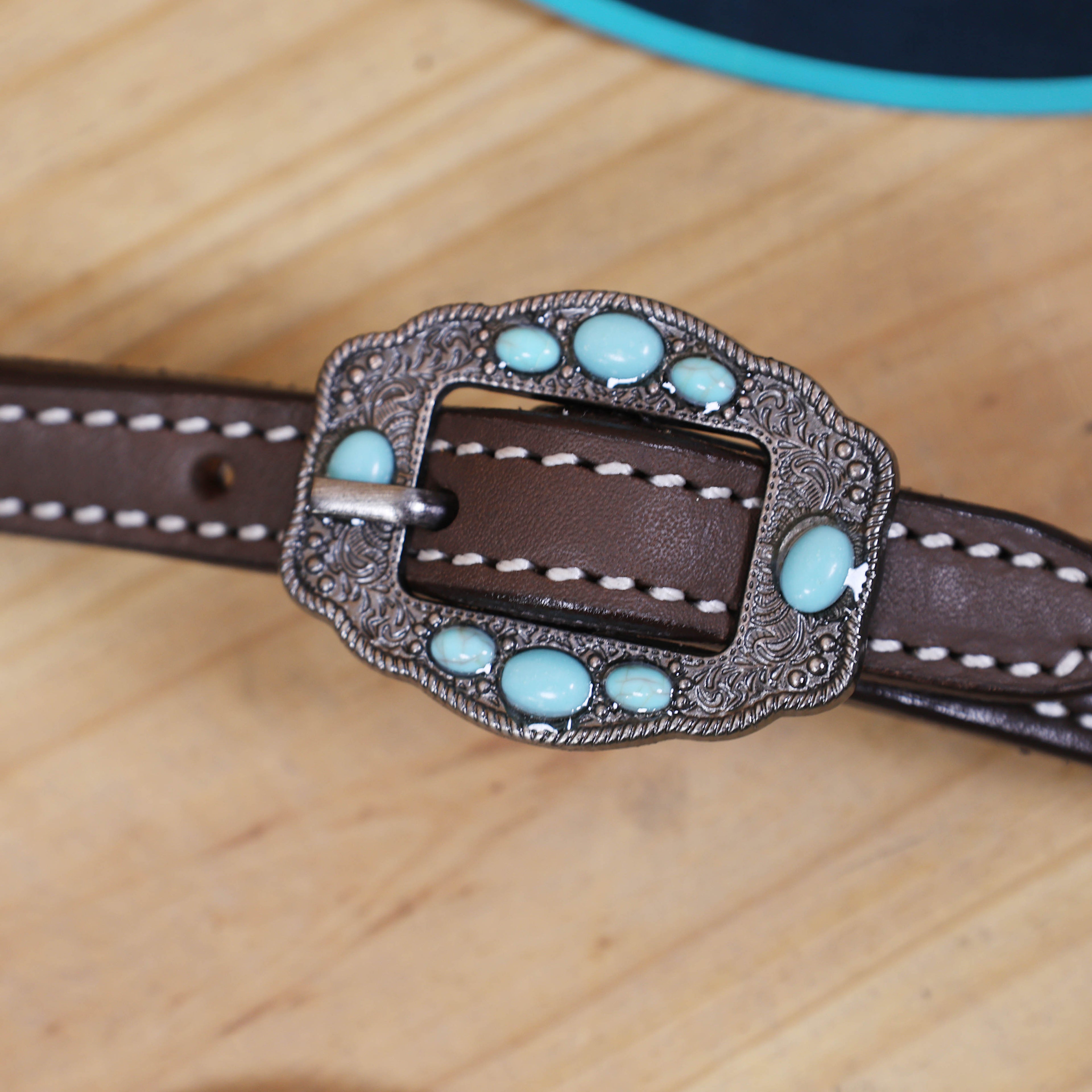 Western Leather Headstall and Breast Collar Tack Set, 3D Turquoise Leather Flower Concho with Fringe and Silver Stock Embossed Leather MOUSM