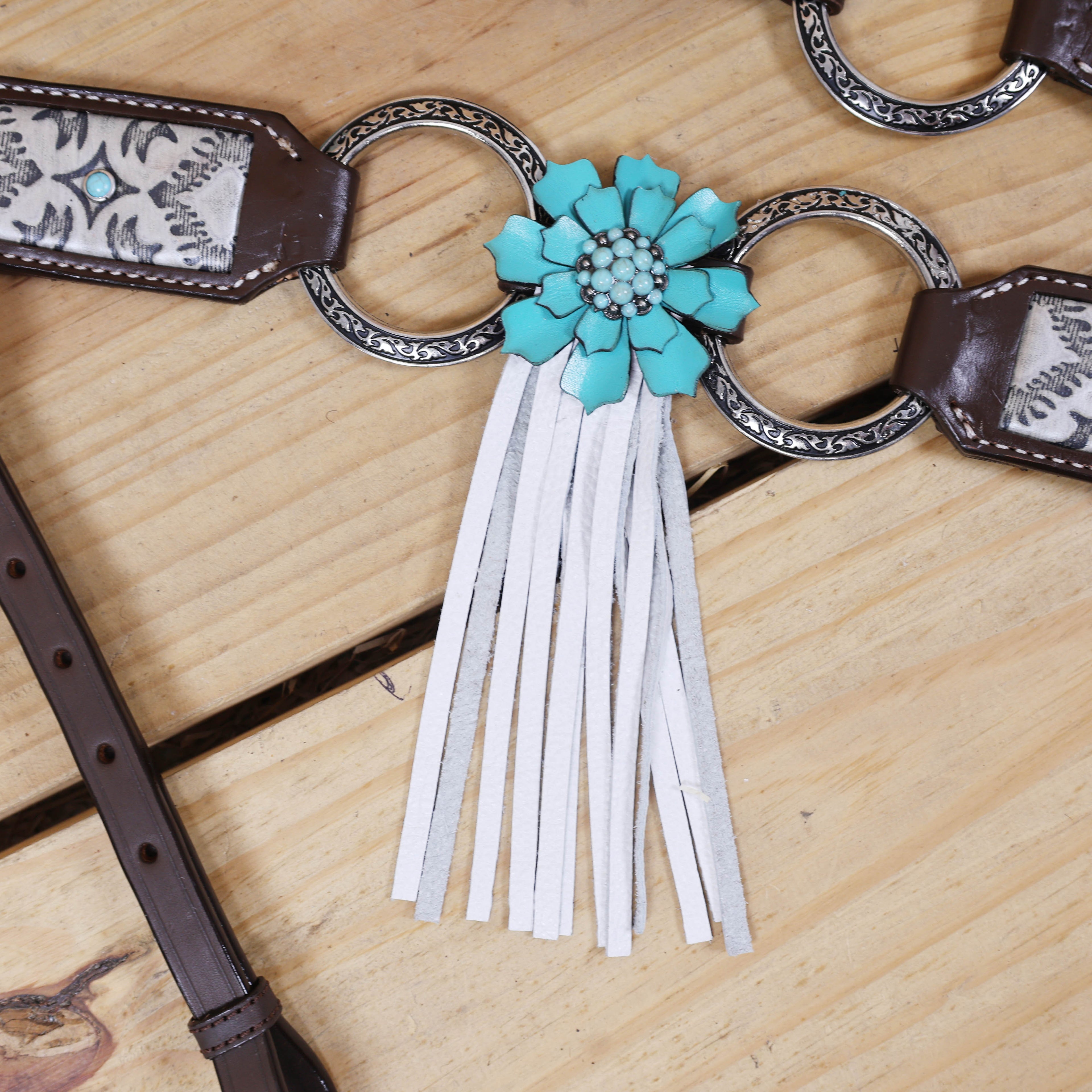 Western Leather Headstall and Breast Collar Tack Set, 3D Turquoise Leather Flower Concho with Fringe and Silver Stock Embossed Leather MOUSM
