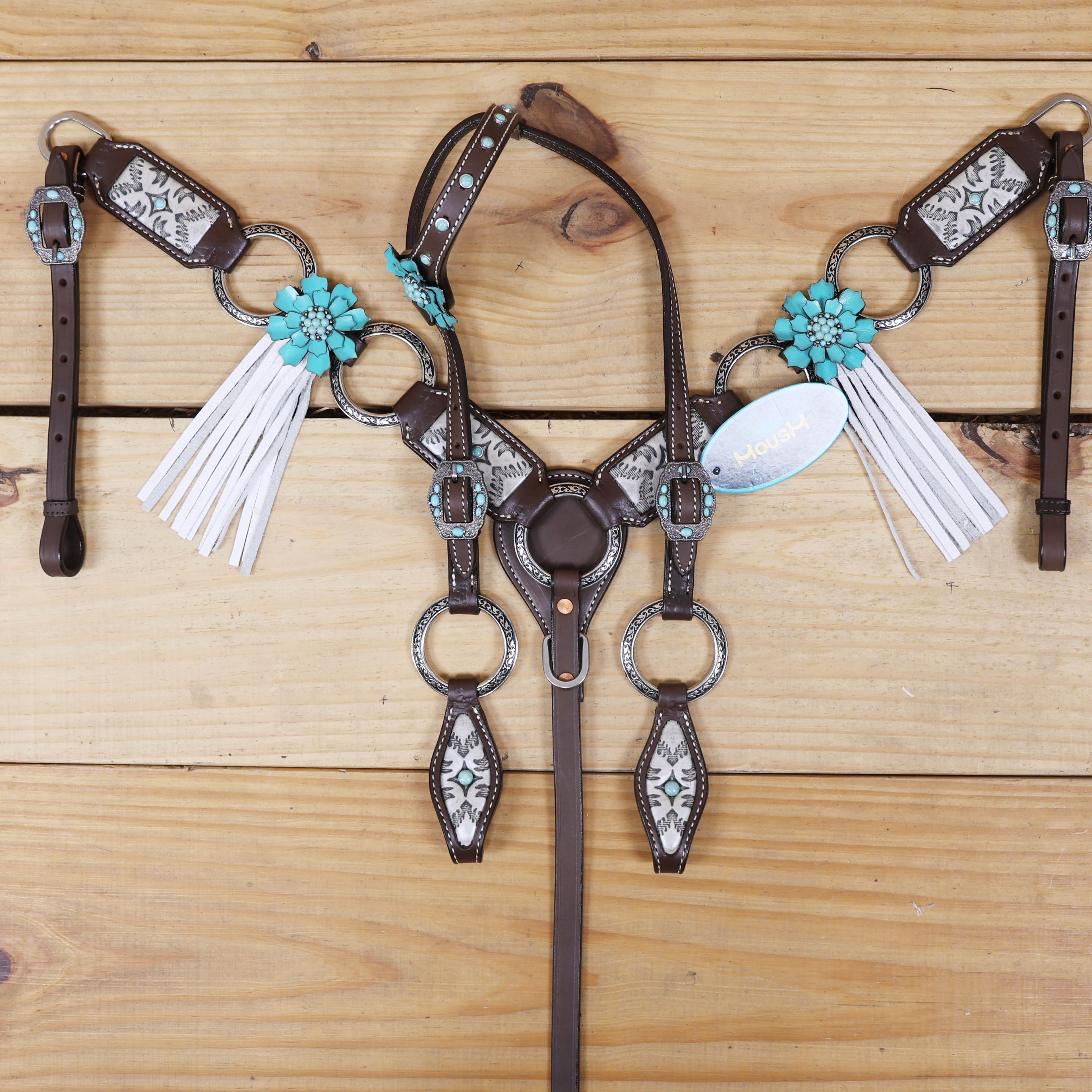 Western Leather Headstall and Breast Collar Tack Set, 3D Turquoise Leather Flower Concho with Fringe and Silver Stock Embossed Leather MOUSM