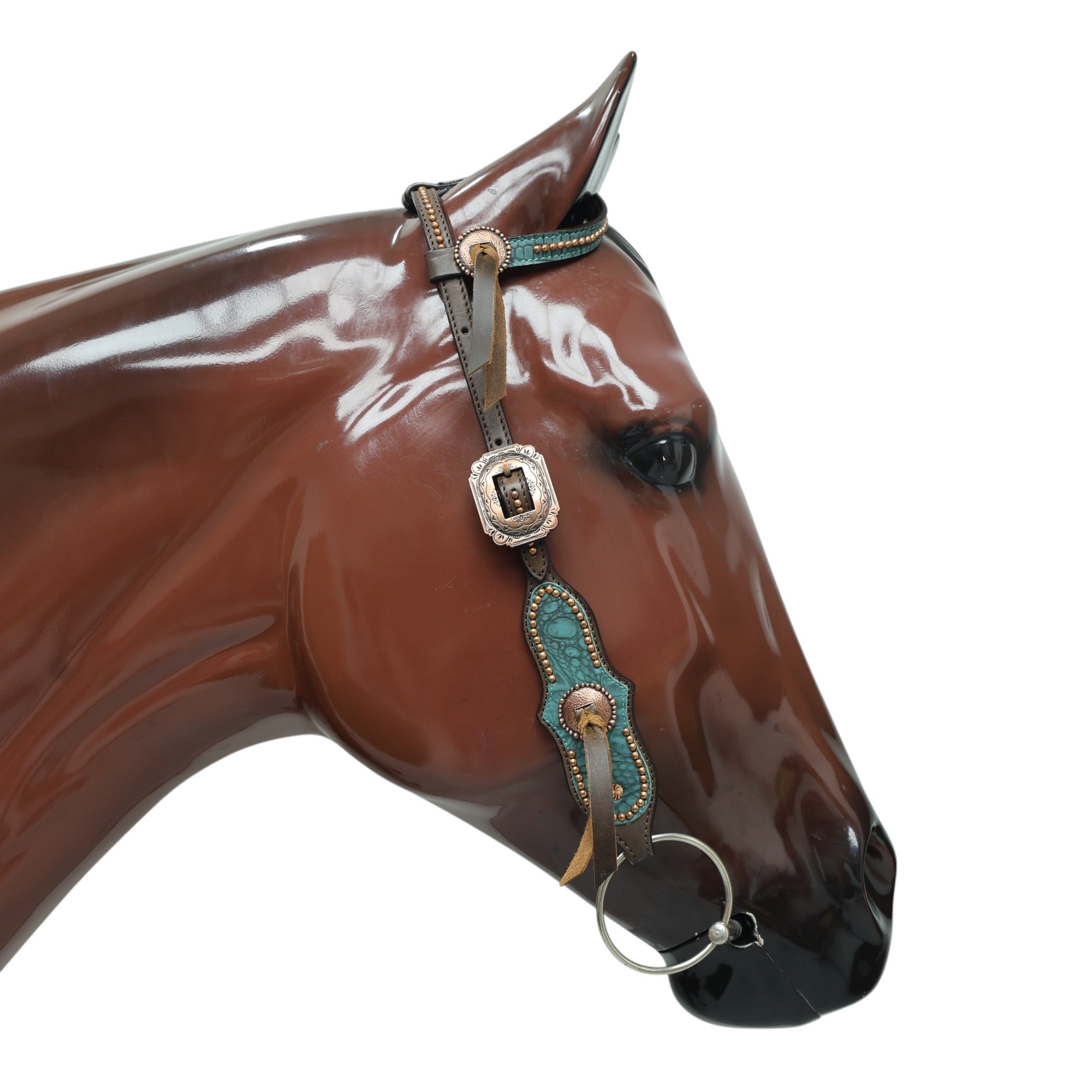 Western Horse Headstall Set Decorated with Turquoise Alligator Print Leather with Copper Studs and Copper Slot Conchos MOUSM