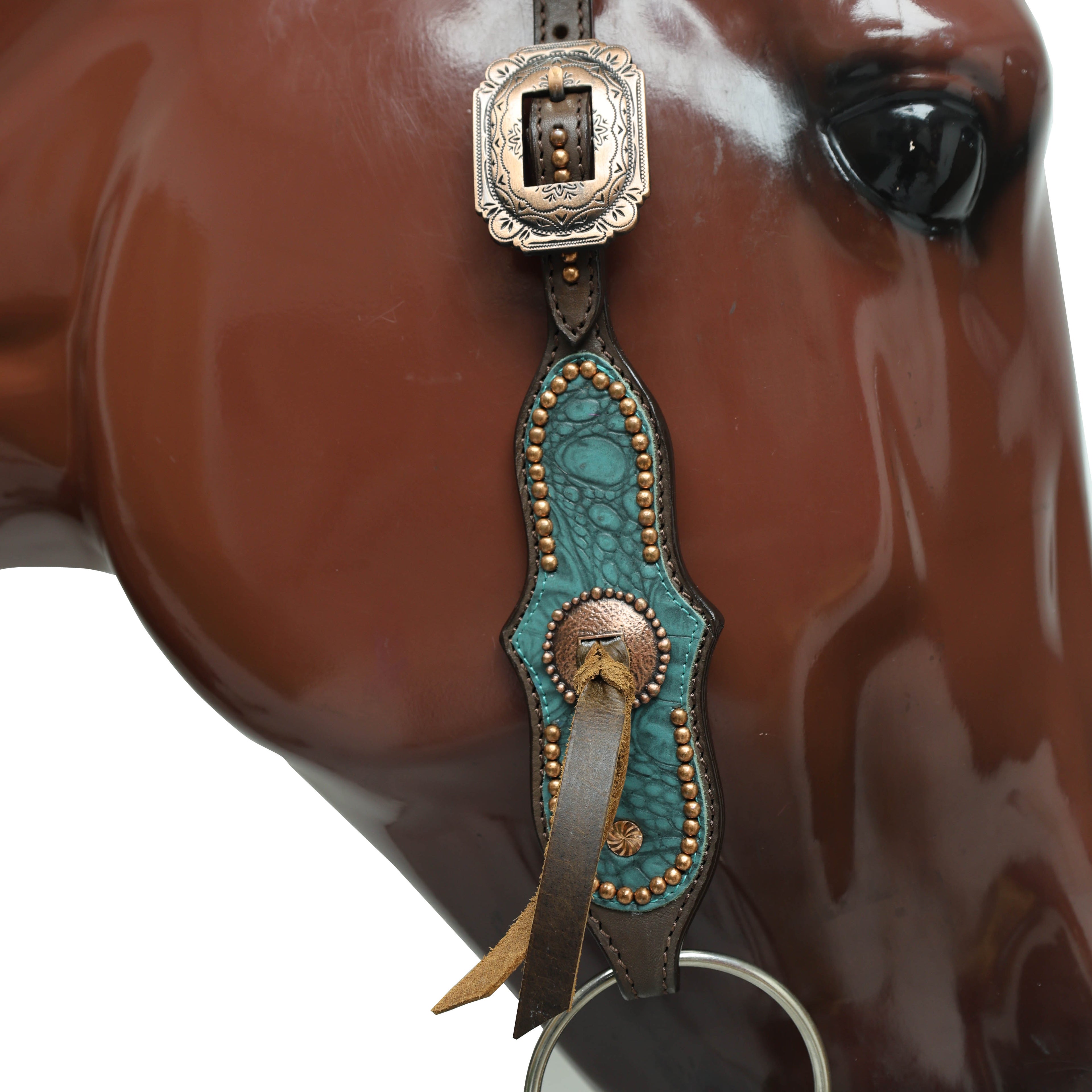 Western Horse Headstall Set Decorated with Turquoise Alligator Print Leather with Copper Studs and Copper Slot Conchos MOUSM