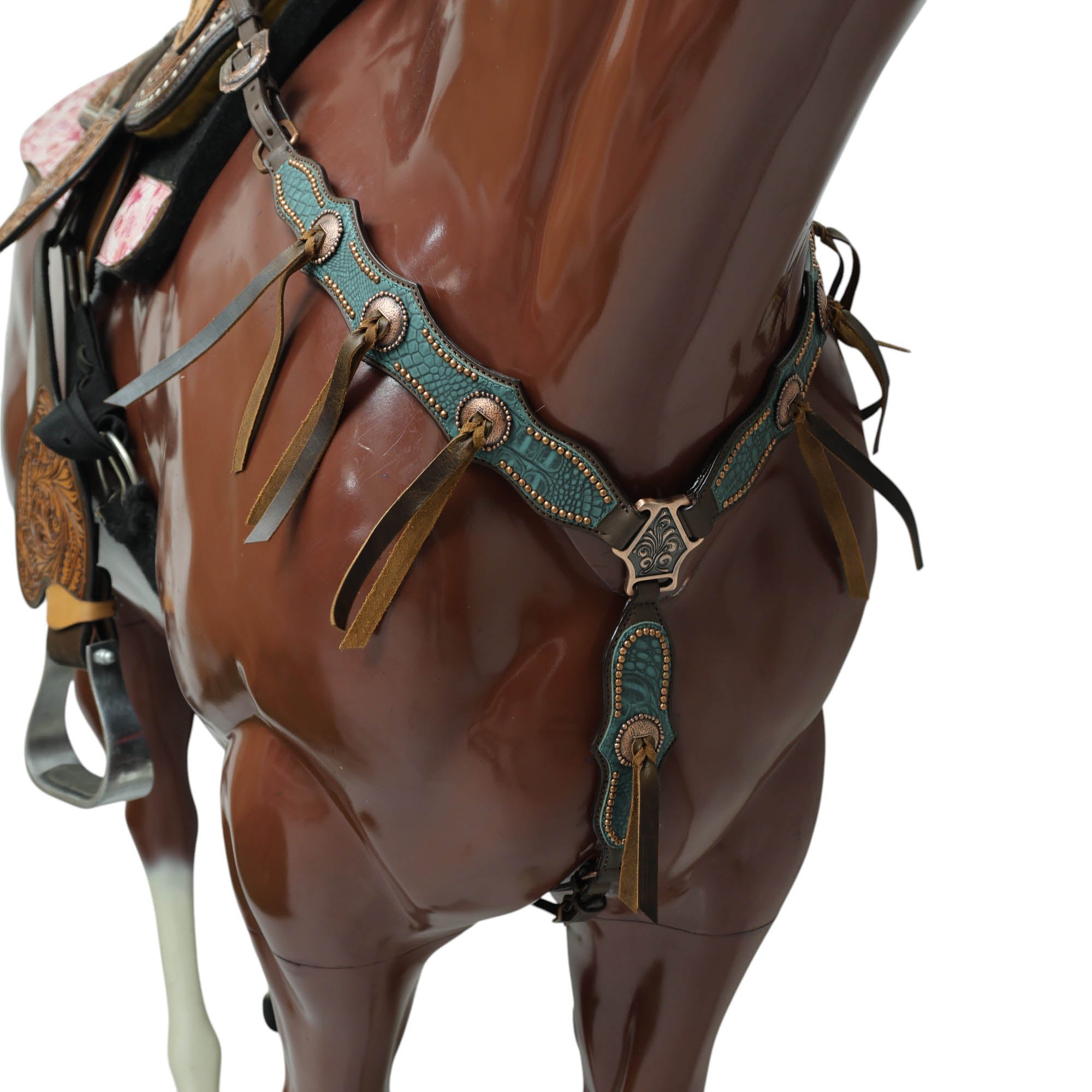 Western Horse Headstall Set Decorated with Turquoise Alligator Print Leather with Copper Studs and Copper Slot Conchos MOUSM