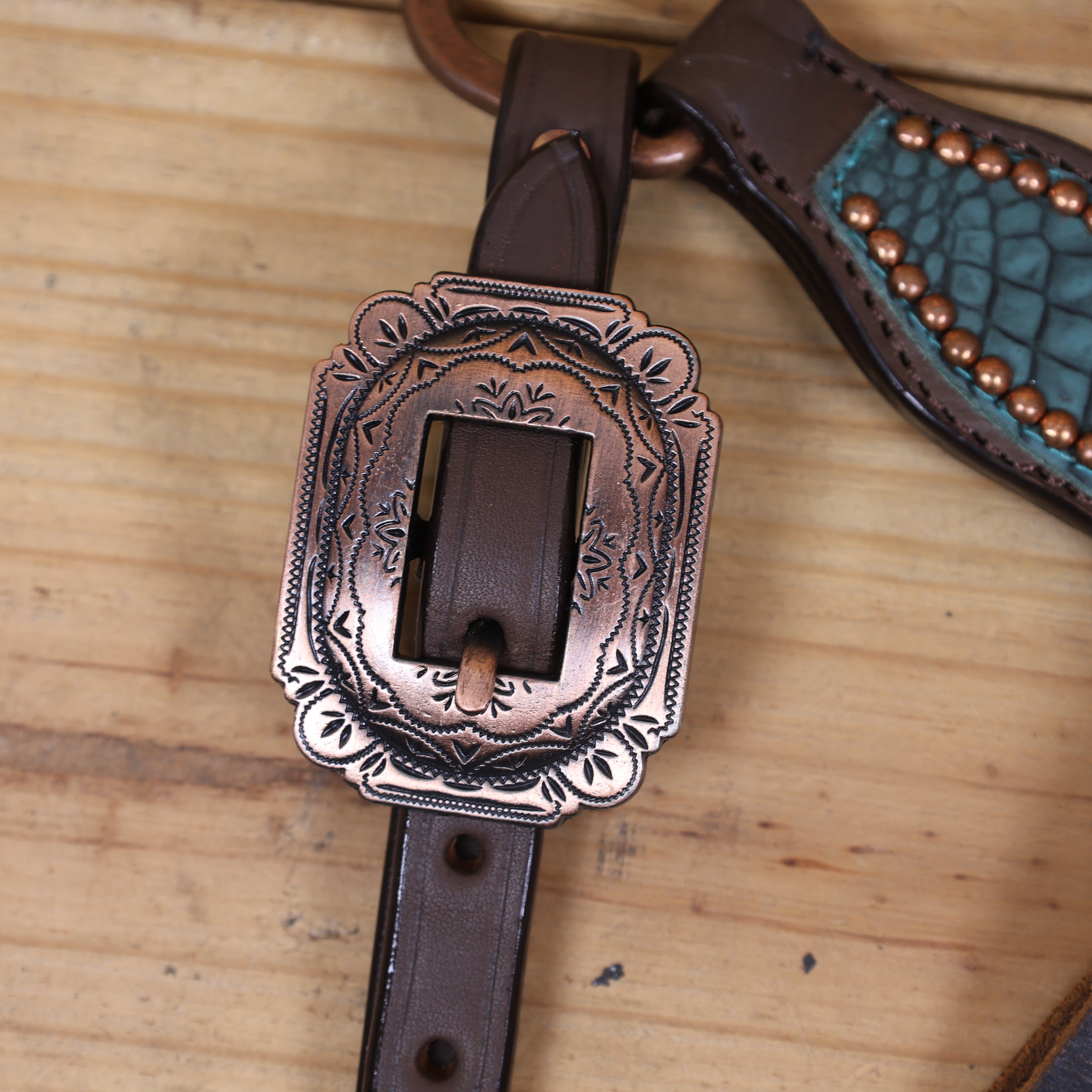 Western Horse Headstall Set Decorated with Turquoise Alligator Print Leather with Copper Studs and Copper Slot Conchos MOUSM