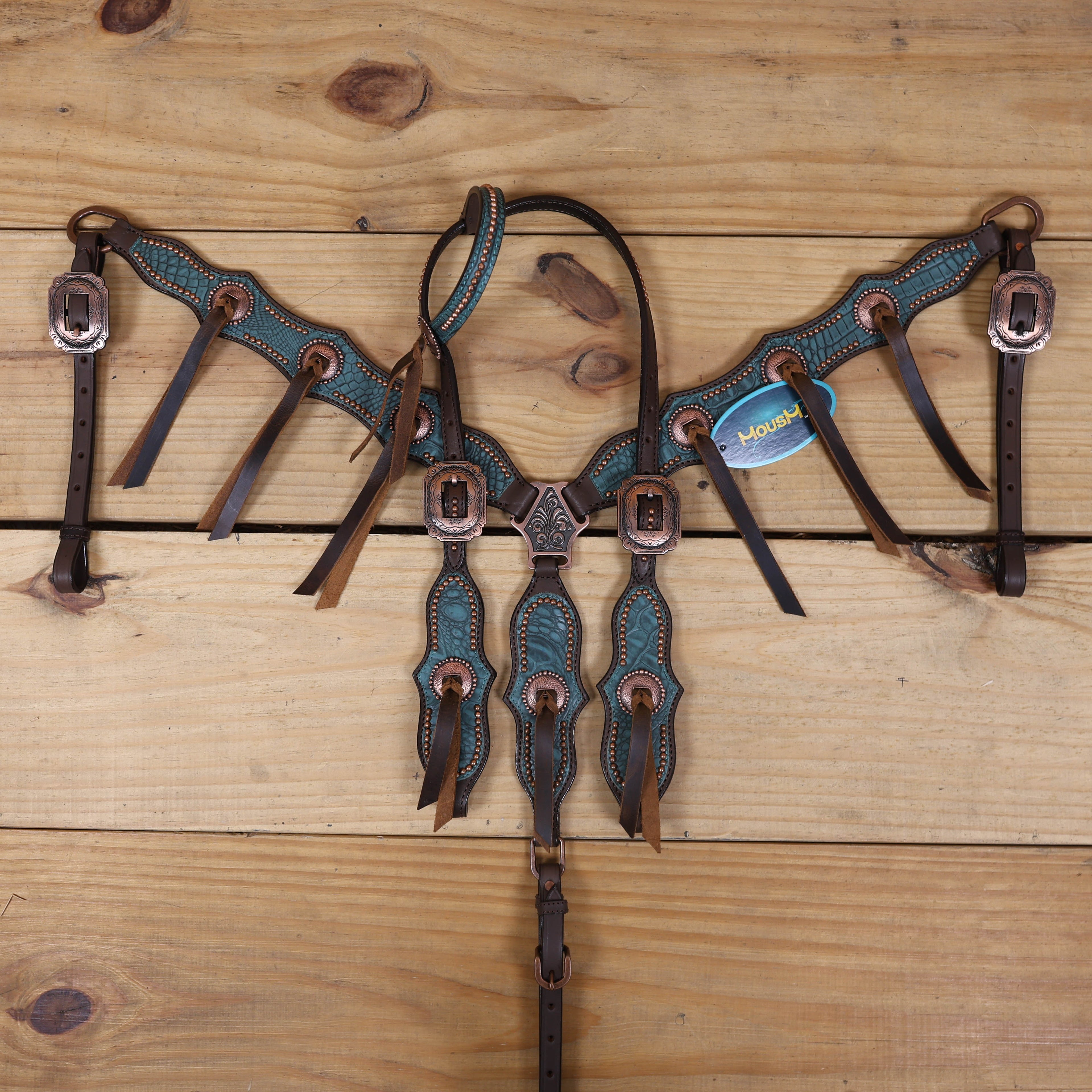 Western Horse Headstall Set Decorated with Turquoise Alligator Print Leather with Copper Studs and Copper Slot Conchos MOUSM