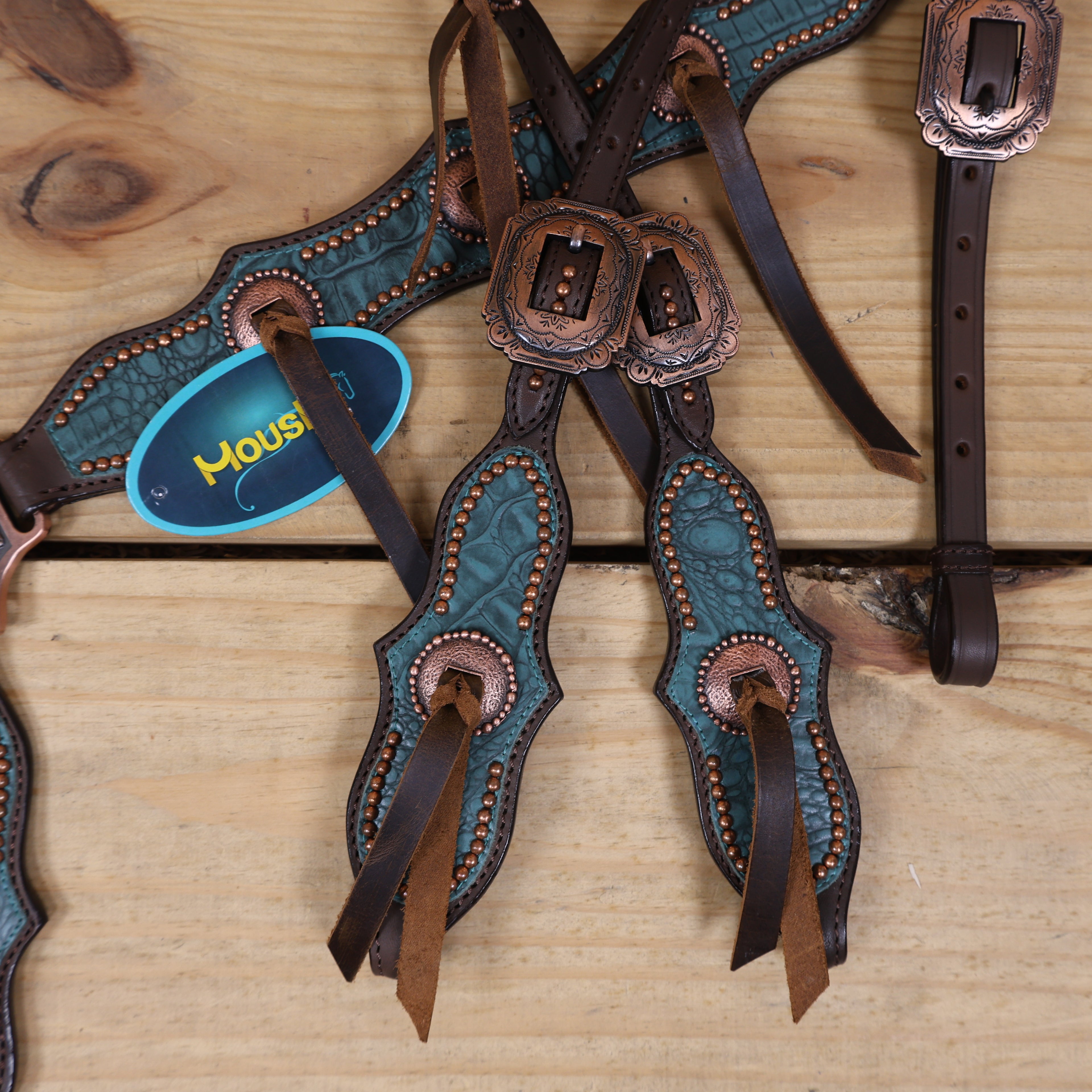 Western Horse Headstall Set Decorated with Turquoise Alligator Print Leather with Copper Studs and Copper Slot Conchos MOUSM