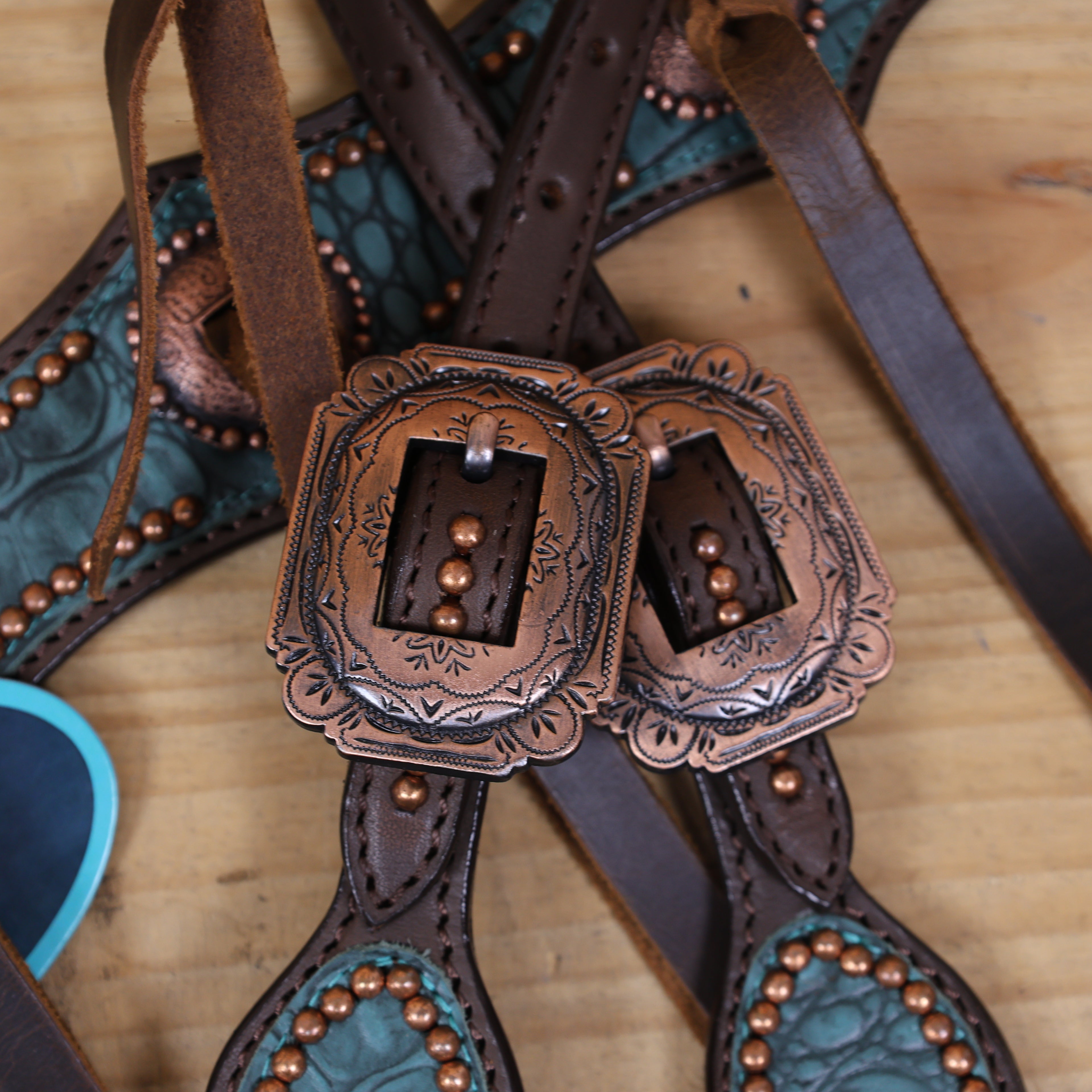 Western Horse Headstall Set Decorated with Turquoise Alligator Print Leather with Copper Studs and Copper Slot Conchos MOUSM