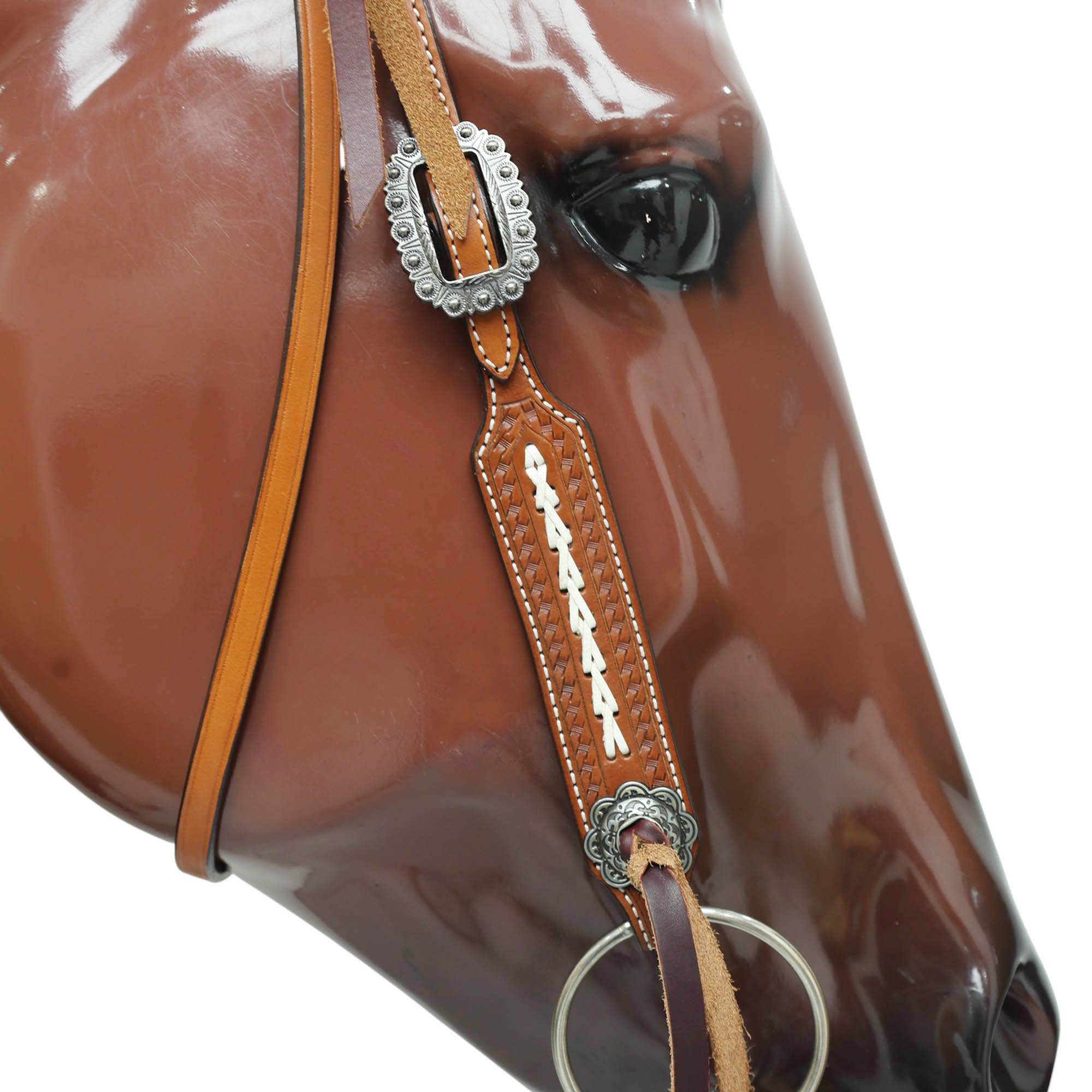 Western Leather Headstall Set Arrow Style Rawhide Braiding, Antique Nickel Congress Slot Conchos with Burgundy Leashes and Basket Border Tooling MOUSM