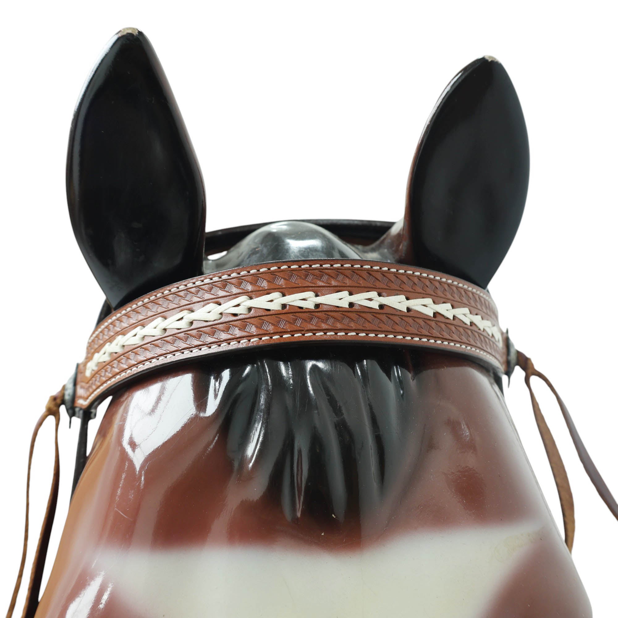 Western Leather Headstall Set Arrow Style Rawhide Braiding, Antique Nickel Congress Slot Conchos with Burgundy Leashes and Basket Border Tooling MOUSM
