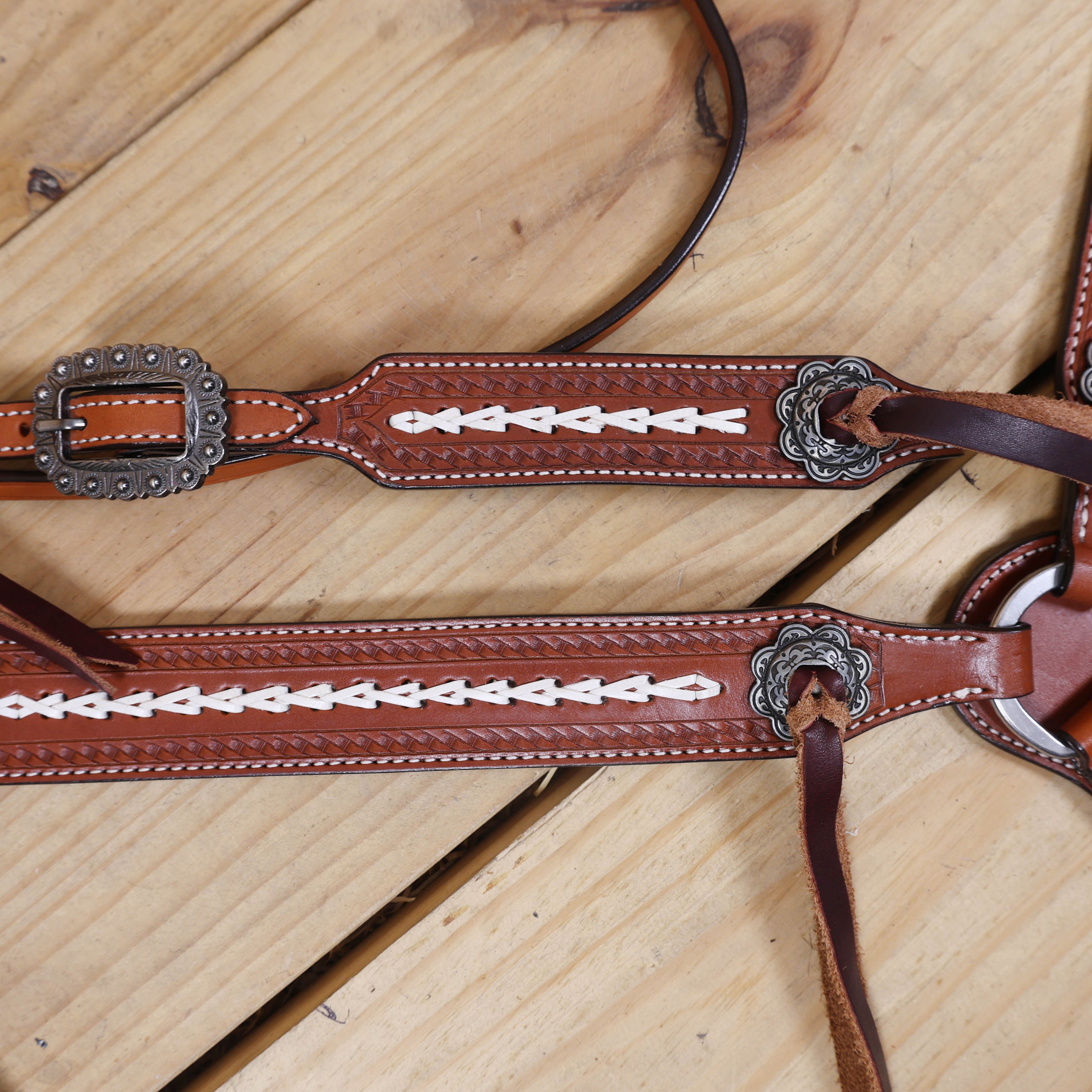 Western Leather Headstall Set Arrow Style Rawhide Braiding, Antique Nickel Congress Slot Conchos with Burgundy Leashes and Basket Border Tooling MOUSM