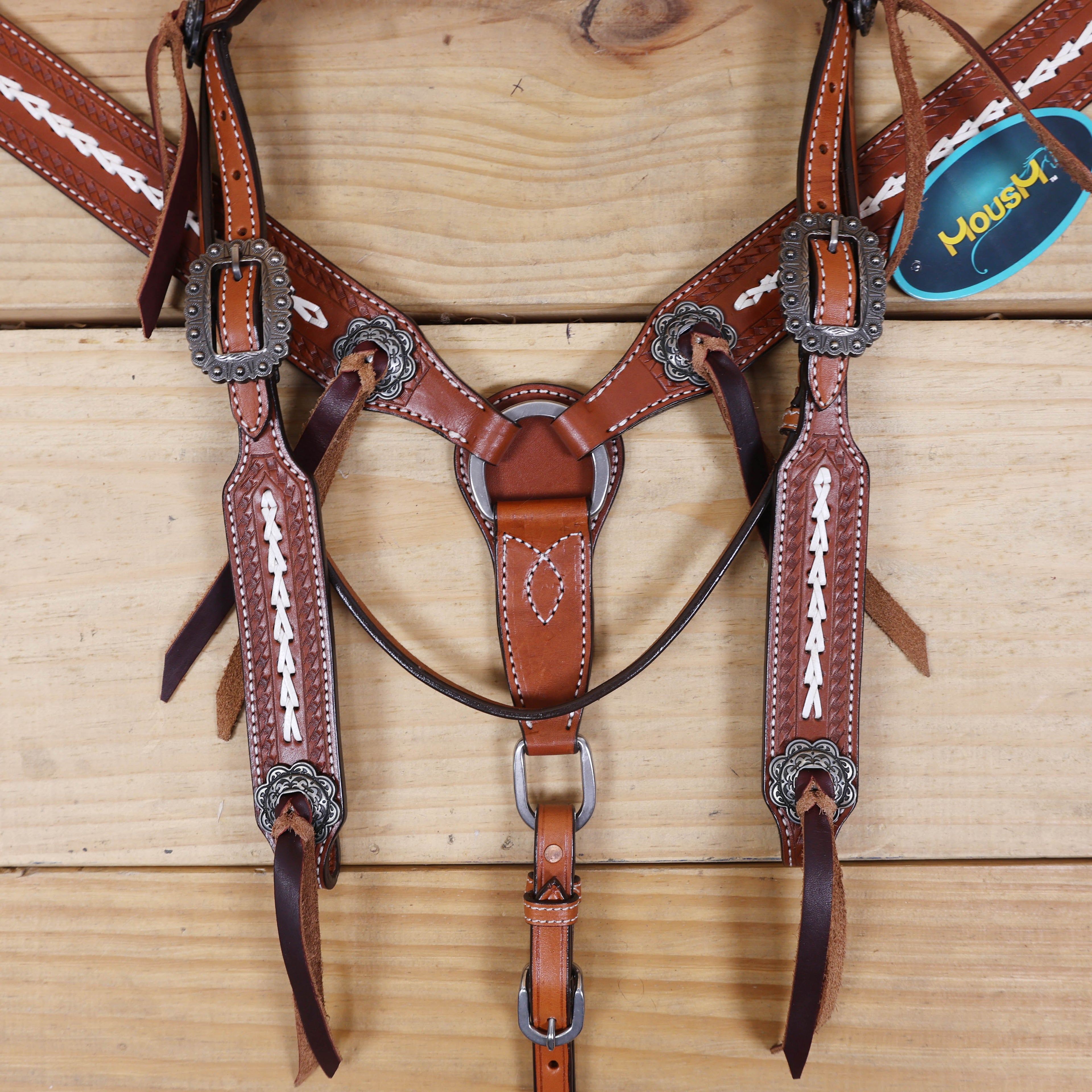 Western Leather Headstall Set Arrow Style Rawhide Braiding, Antique Nickel Congress Slot Conchos with Burgundy Leashes and Basket Border Tooling MOUSM