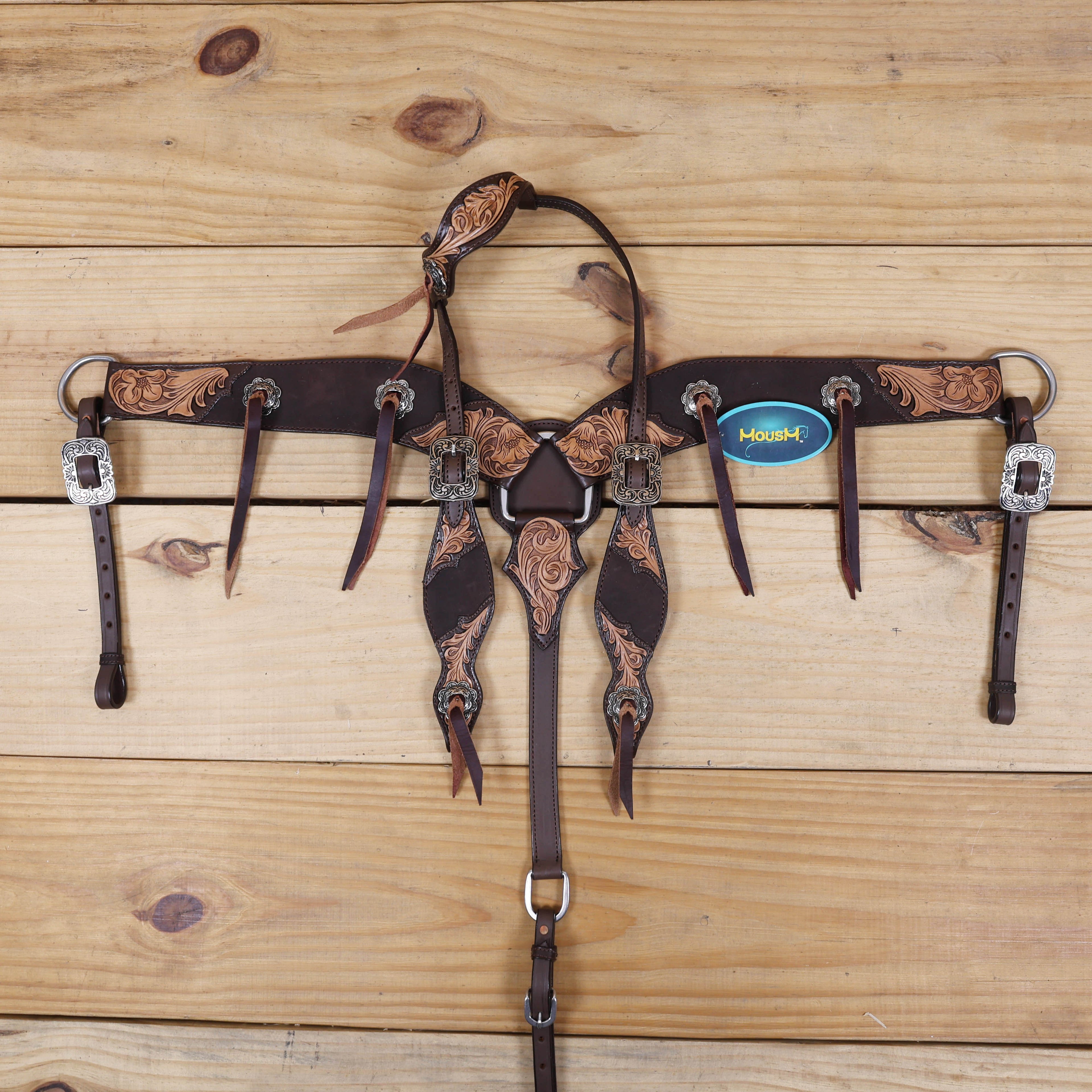 Western Headstall and Breast Collar Set, Decorated with Floral Carving and Slot Concho with Burgundy Leashes, Two-Tone Leather with Rough Out MOUSM