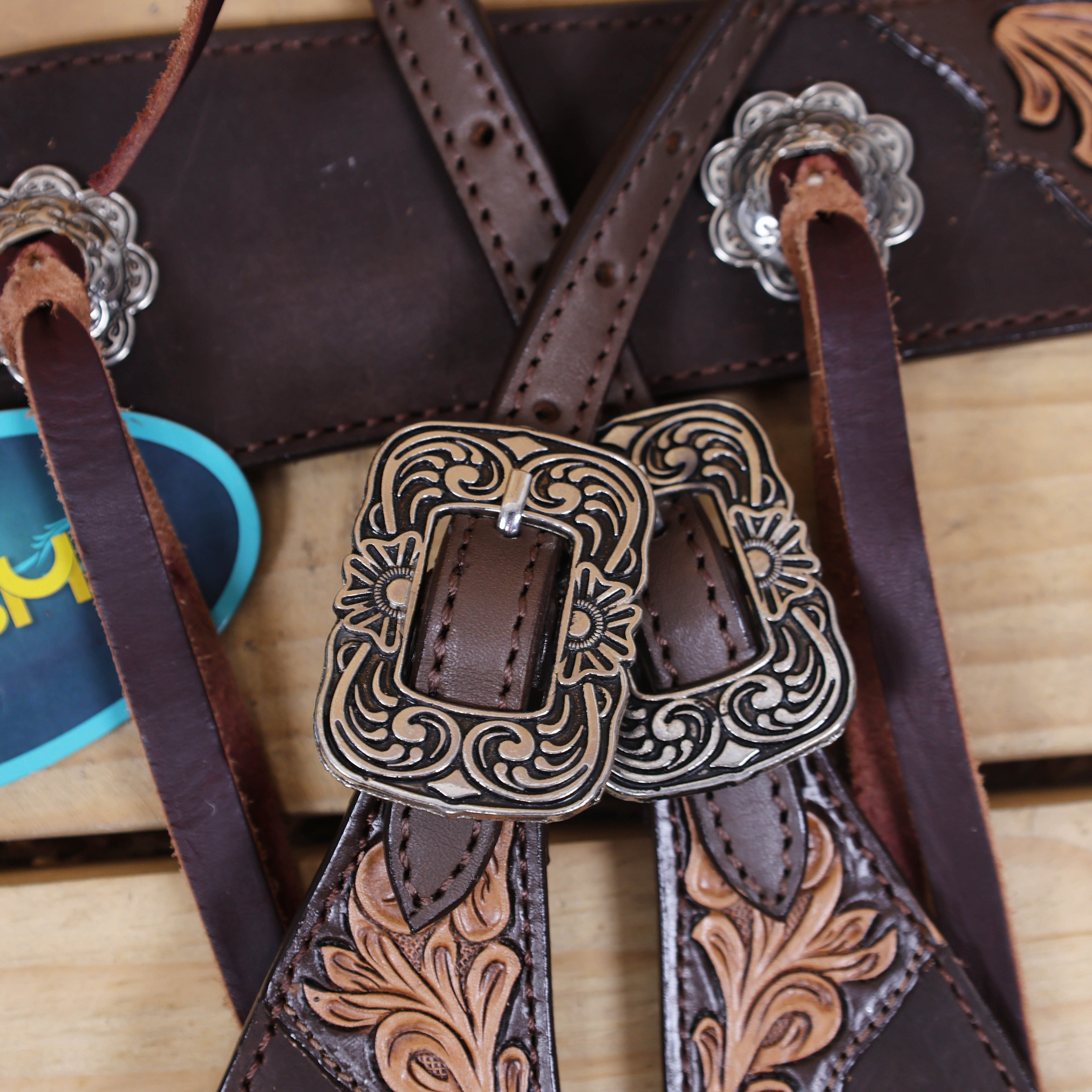 Western Headstall and Breast Collar Set, Decorated with Floral Carving and Slot Concho with Burgundy Leashes, Two-Tone Leather with Rough Out MOUSM