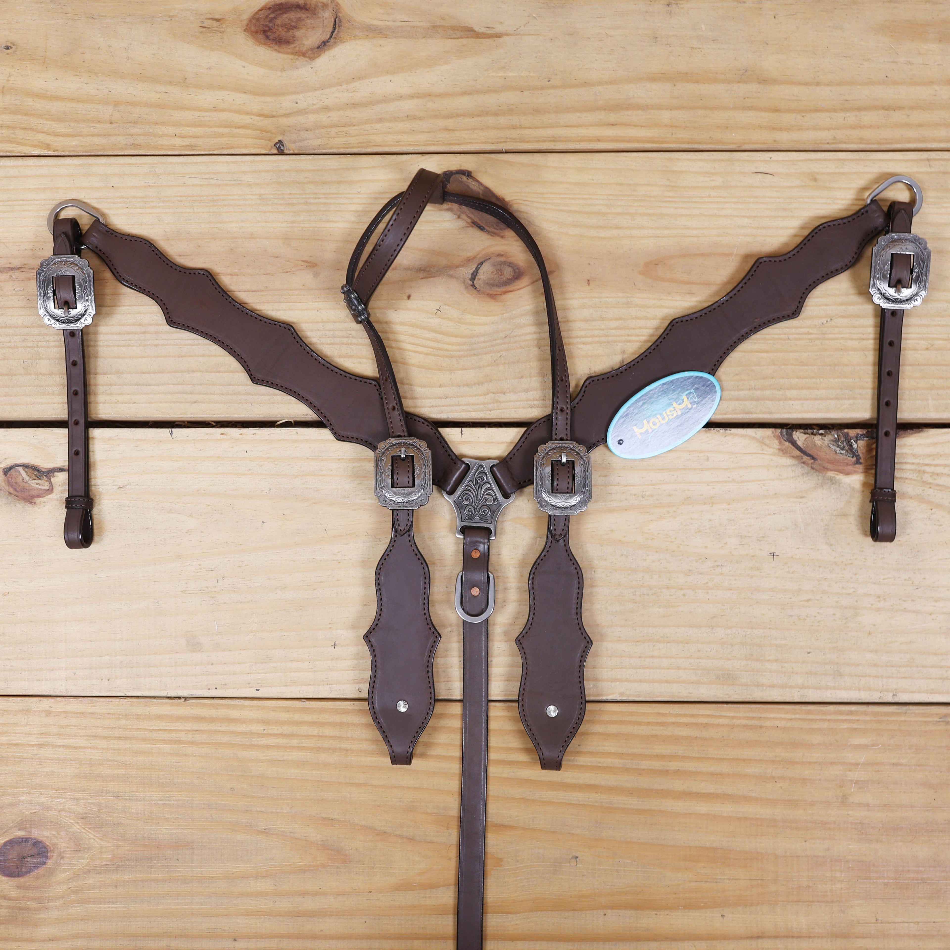 Western Headstall and Breast Collar Set, Smart Plain Brown Leather with Antique Nickel Hardware MOUSM