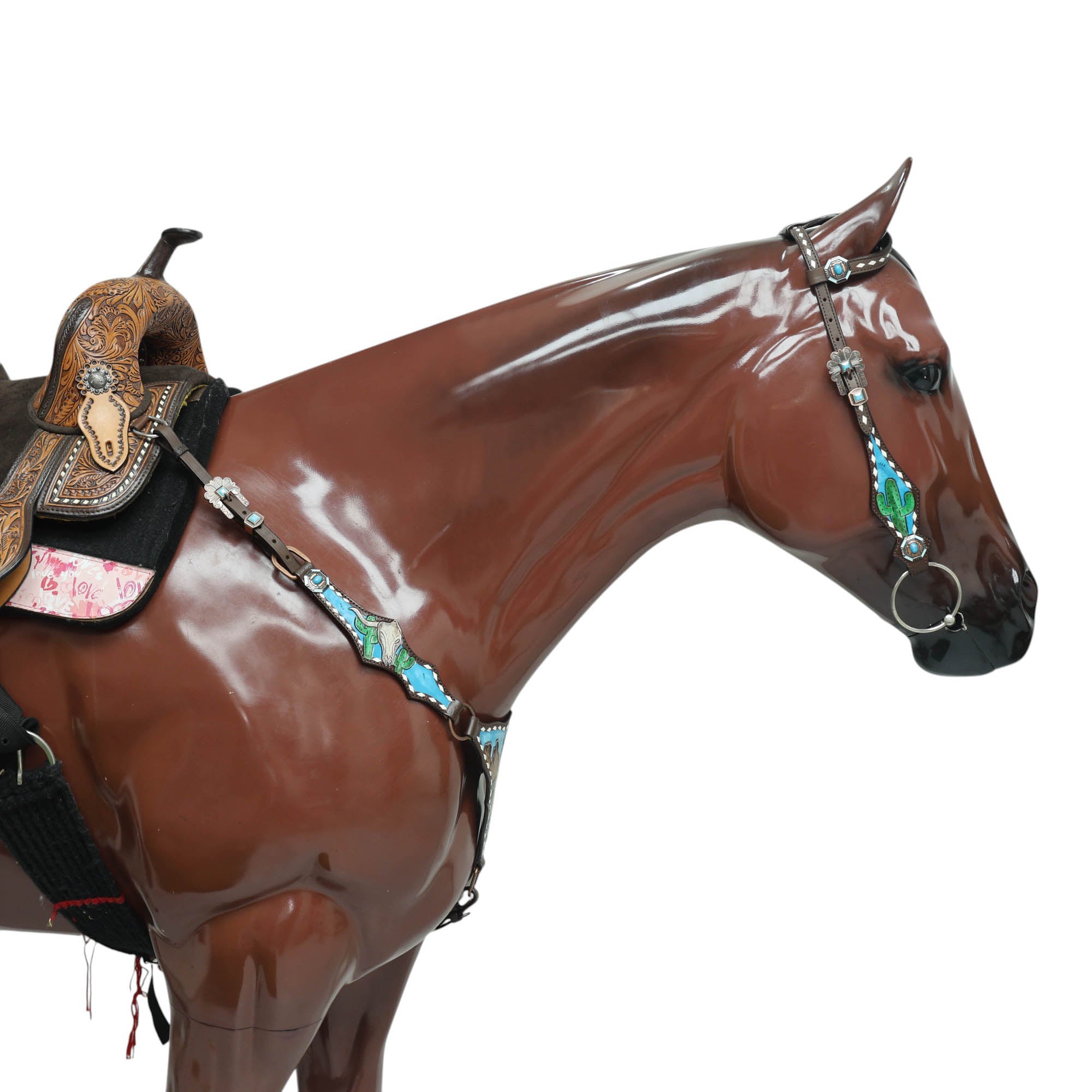 Western Leather Headstall Tack Set Decorated with Steer Head Carving and Hand-Painted Mountain Cactus Scenery, White Rawhide Buck Stitching MOUSM