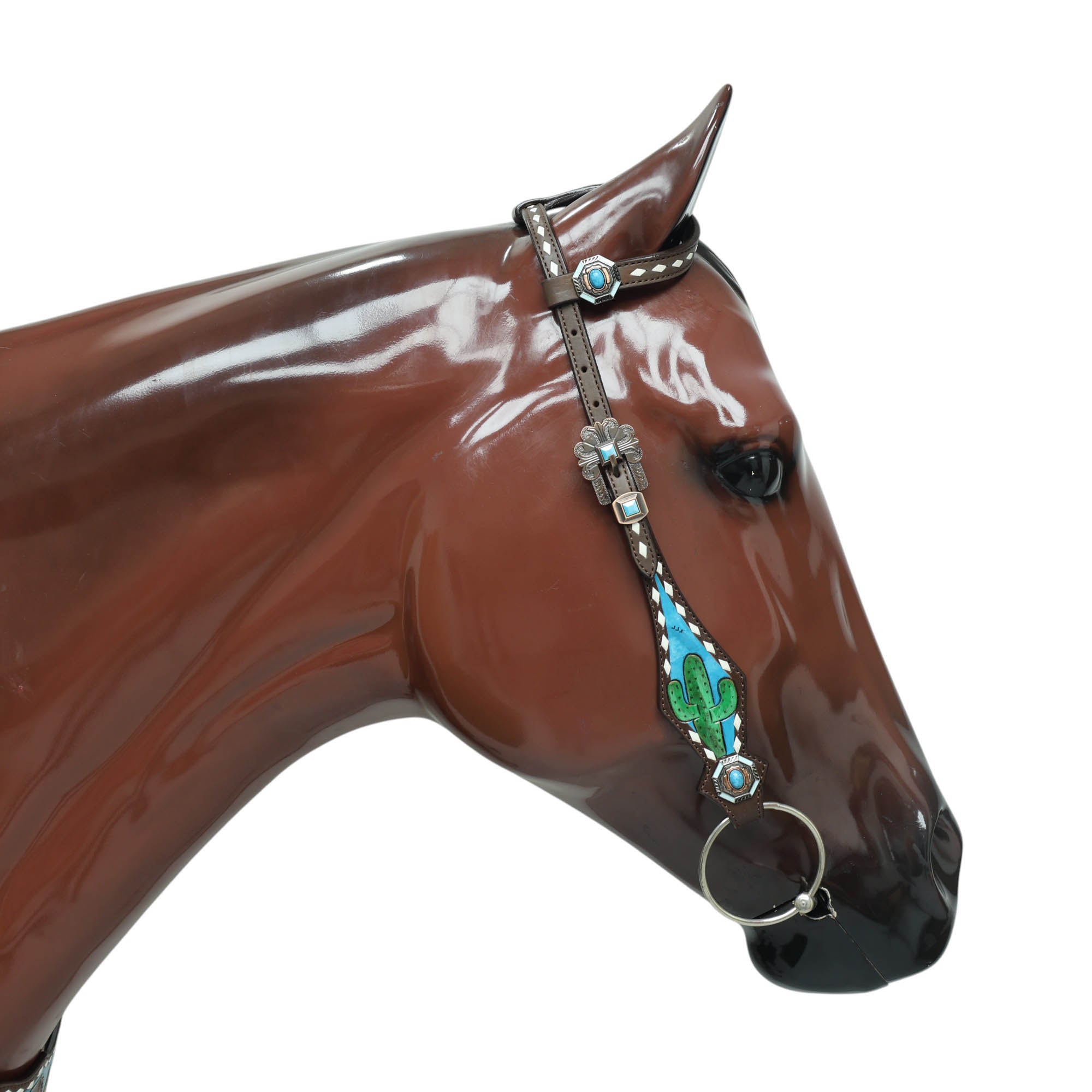 Western Leather Headstall Tack Set Decorated with Steer Head Carving and Hand-Painted Mountain Cactus Scenery, White Rawhide Buck Stitching MOUSM