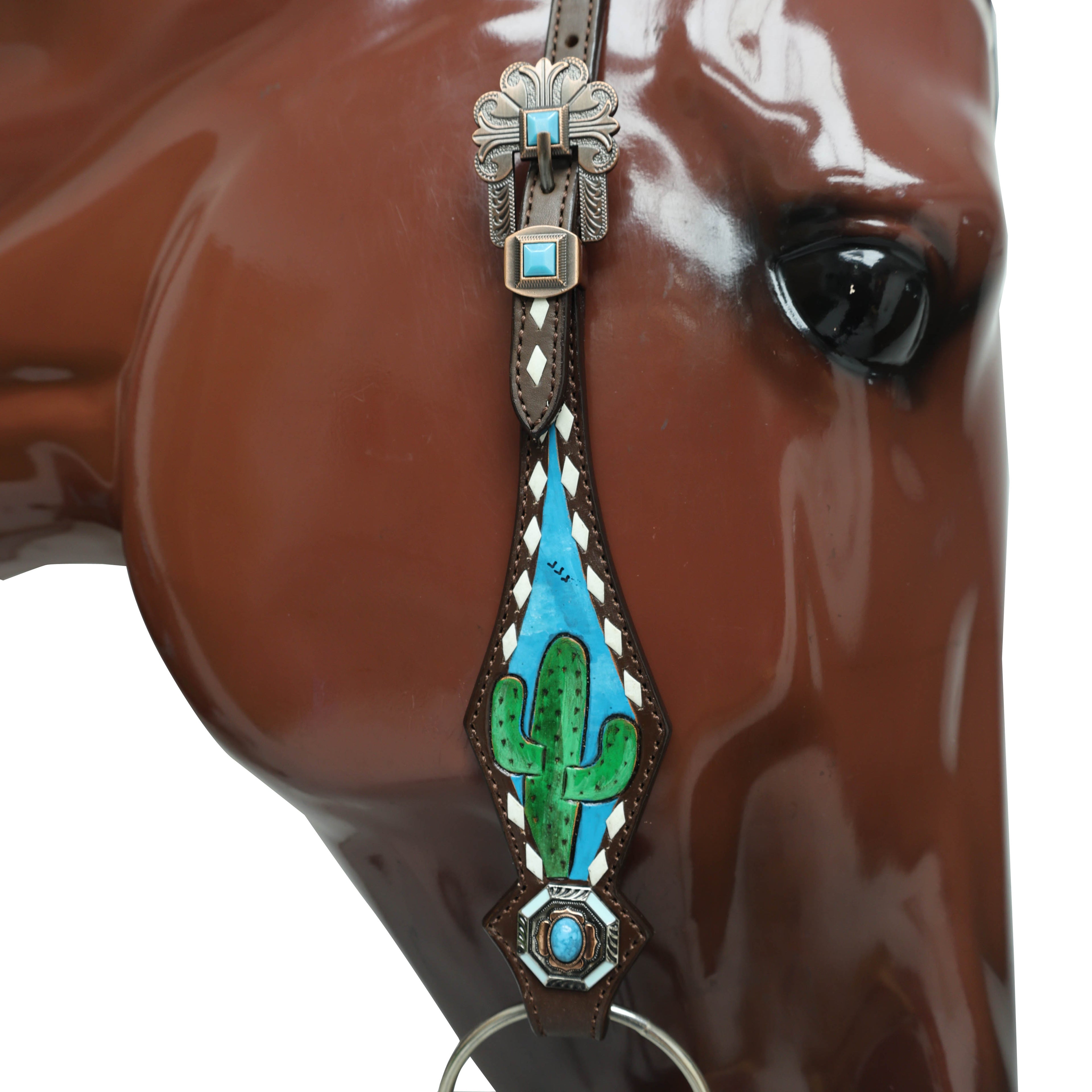 Western Leather Headstall Tack Set Decorated with Steer Head Carving and Hand-Painted Mountain Cactus Scenery, White Rawhide Buck Stitching MOUSM
