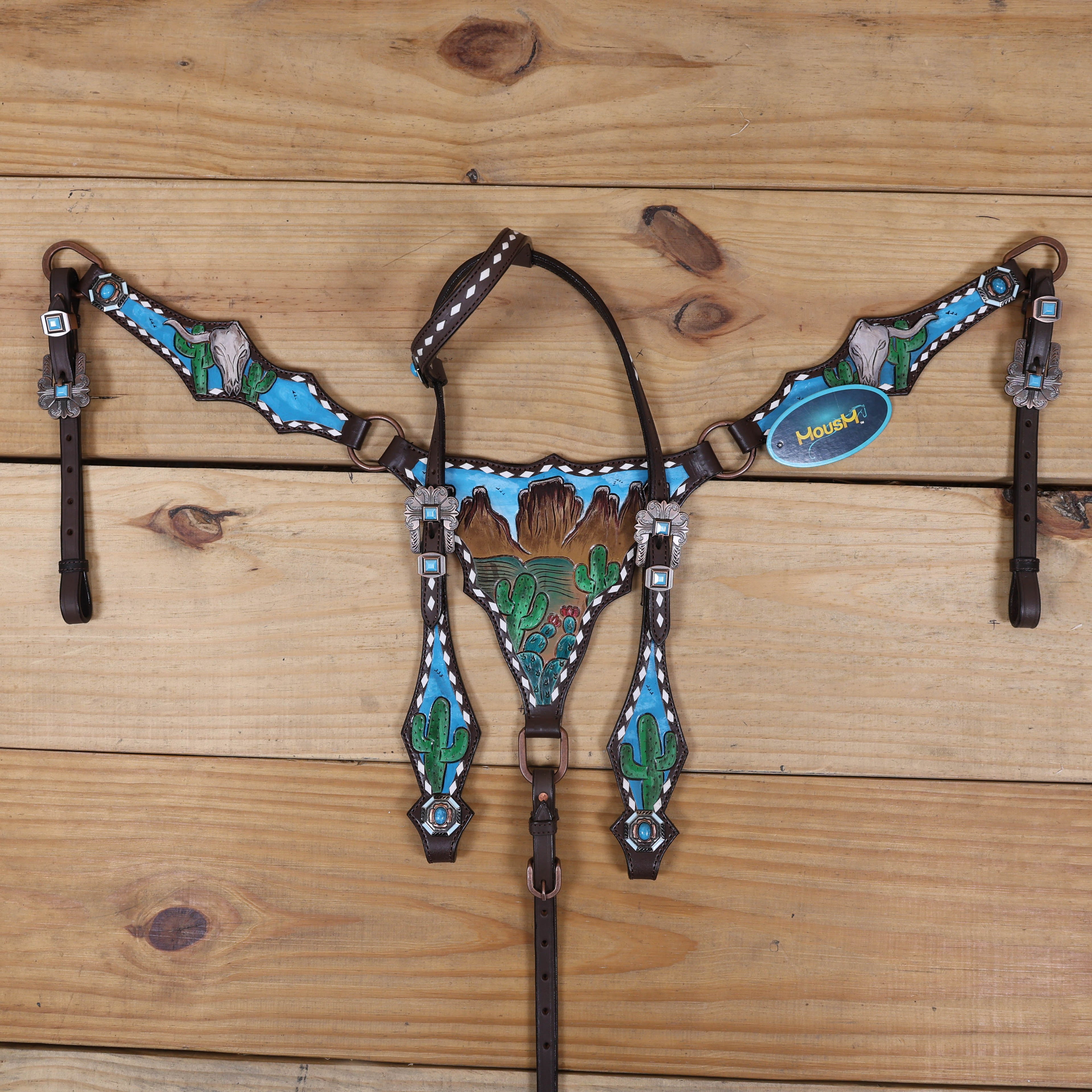 Western Leather Headstall Tack Set Decorated with Steer Head Carving and Hand-Painted Mountain Cactus Scenery, White Rawhide Buck Stitching MOUSM