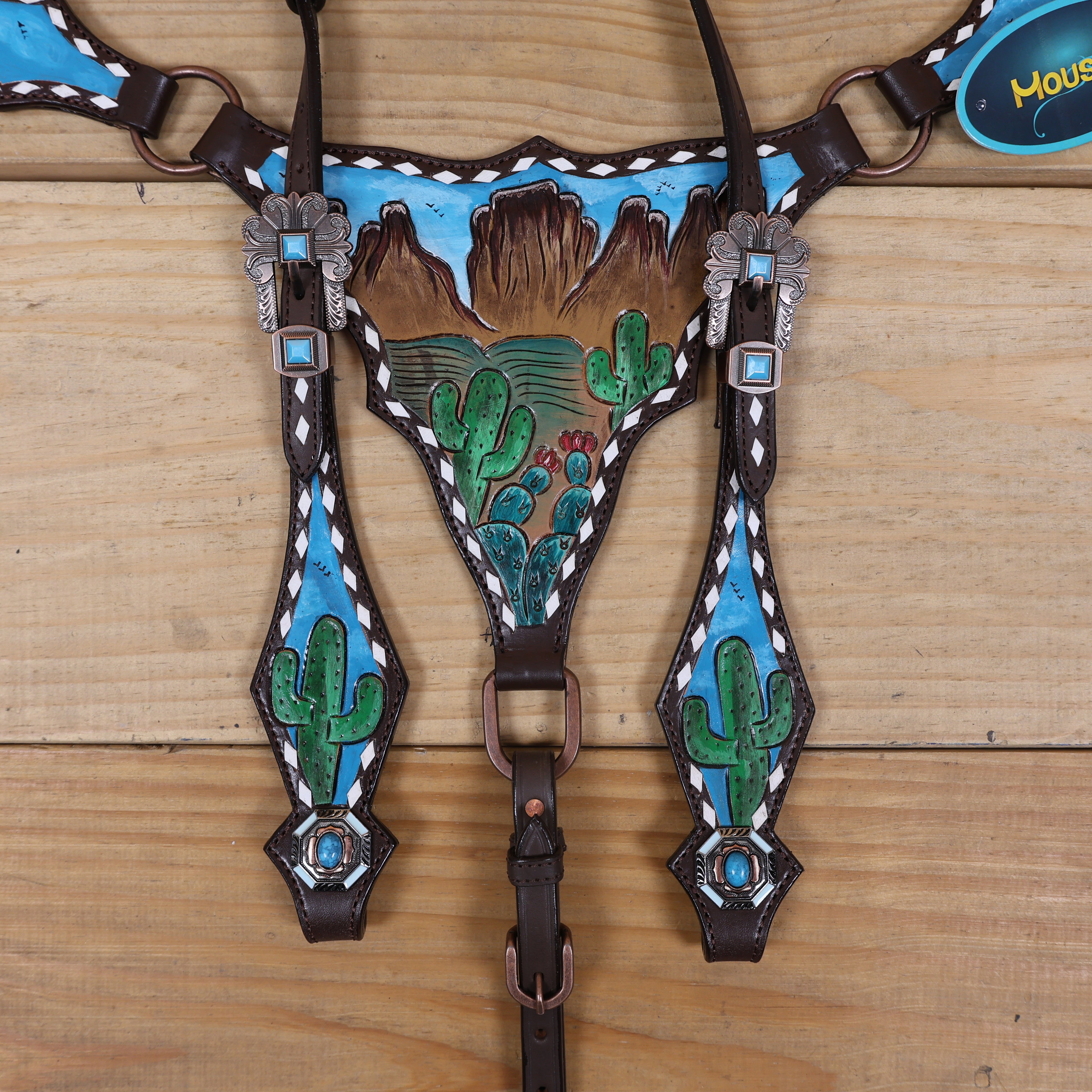 Western Leather Headstall Tack Set Decorated with Steer Head Carving and Hand-Painted Mountain Cactus Scenery, White Rawhide Buck Stitching MOUSM