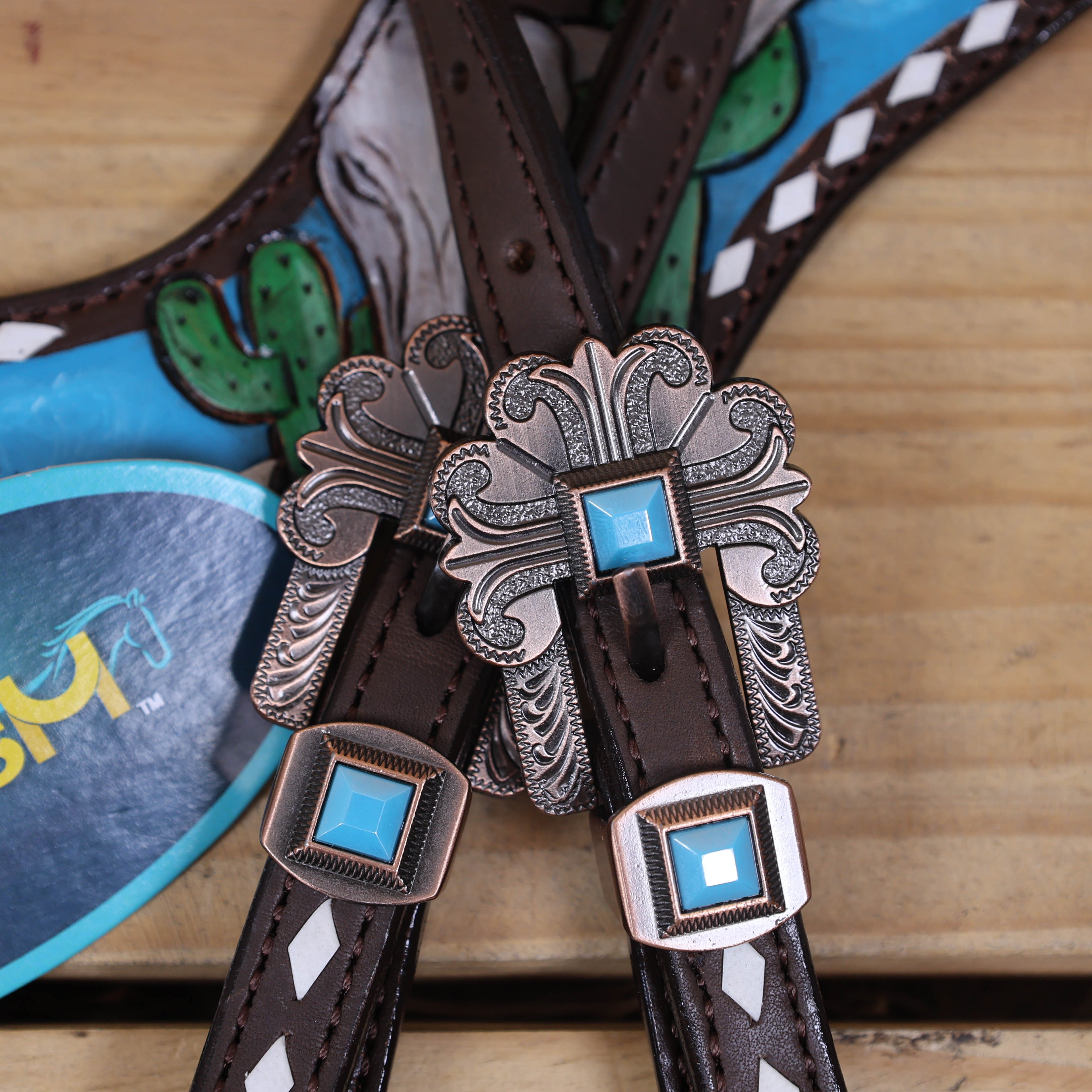 Western Leather Headstall Tack Set Decorated with Steer Head Carving and Hand-Painted Mountain Cactus Scenery, White Rawhide Buck Stitching MOUSM
