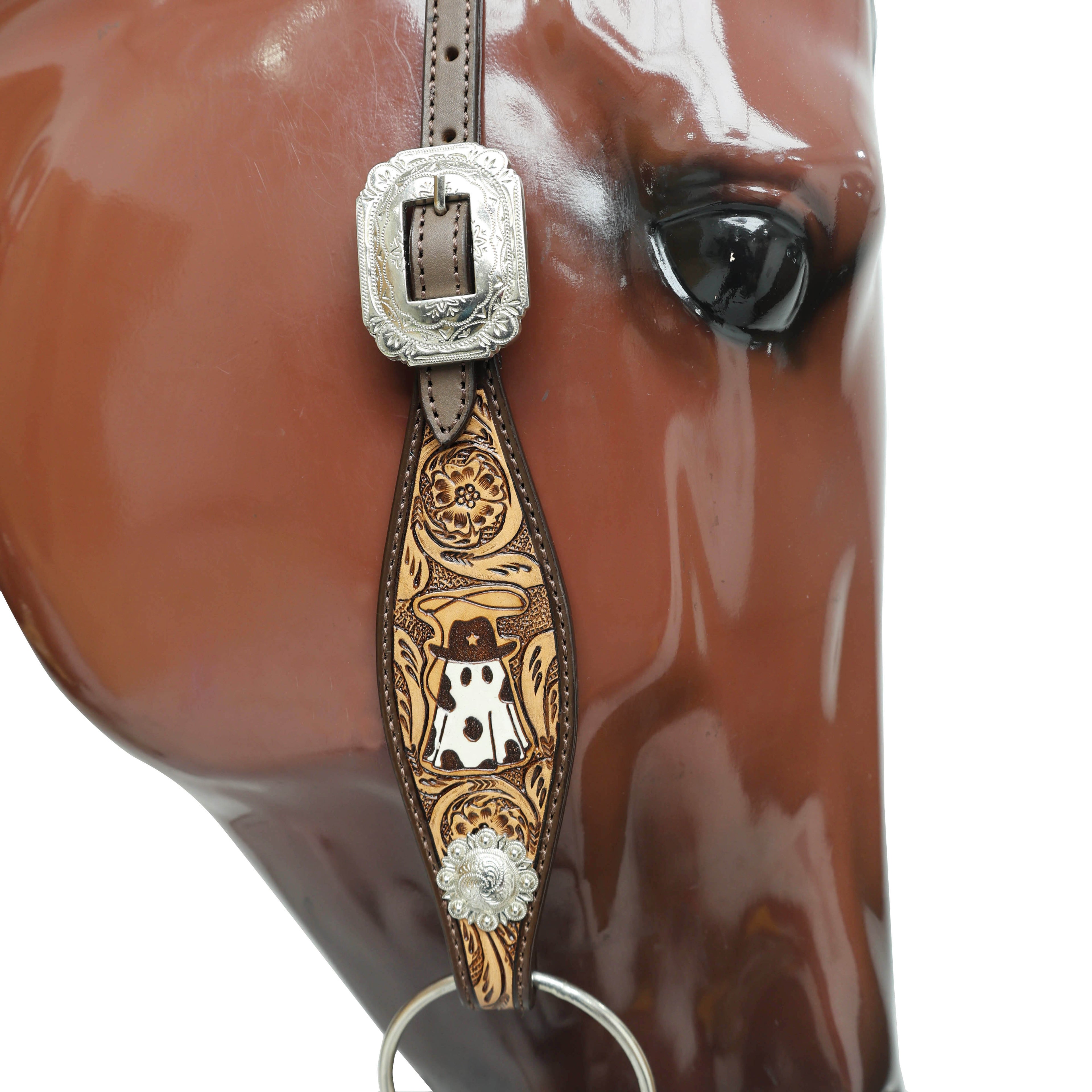 Western Headstall and Breast Collar Set Halloween Ghost Engraving and Painted Gladiator Style Breast Collar with Silver Studs MOUSM