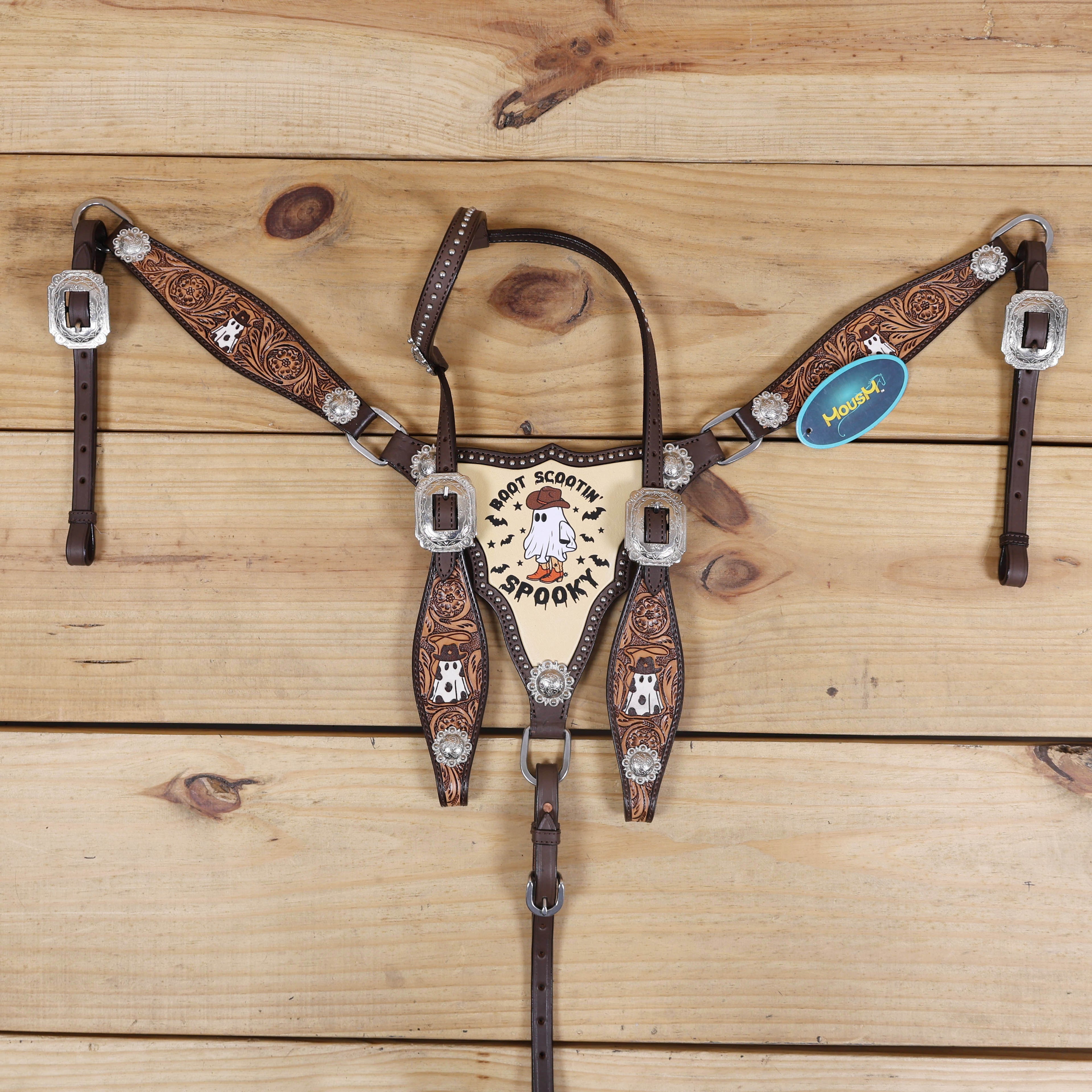 Western Headstall and Breast Collar Set Halloween Ghost Engraving and Painted Gladiator Style Breast Collar with Silver Studs MOUSM