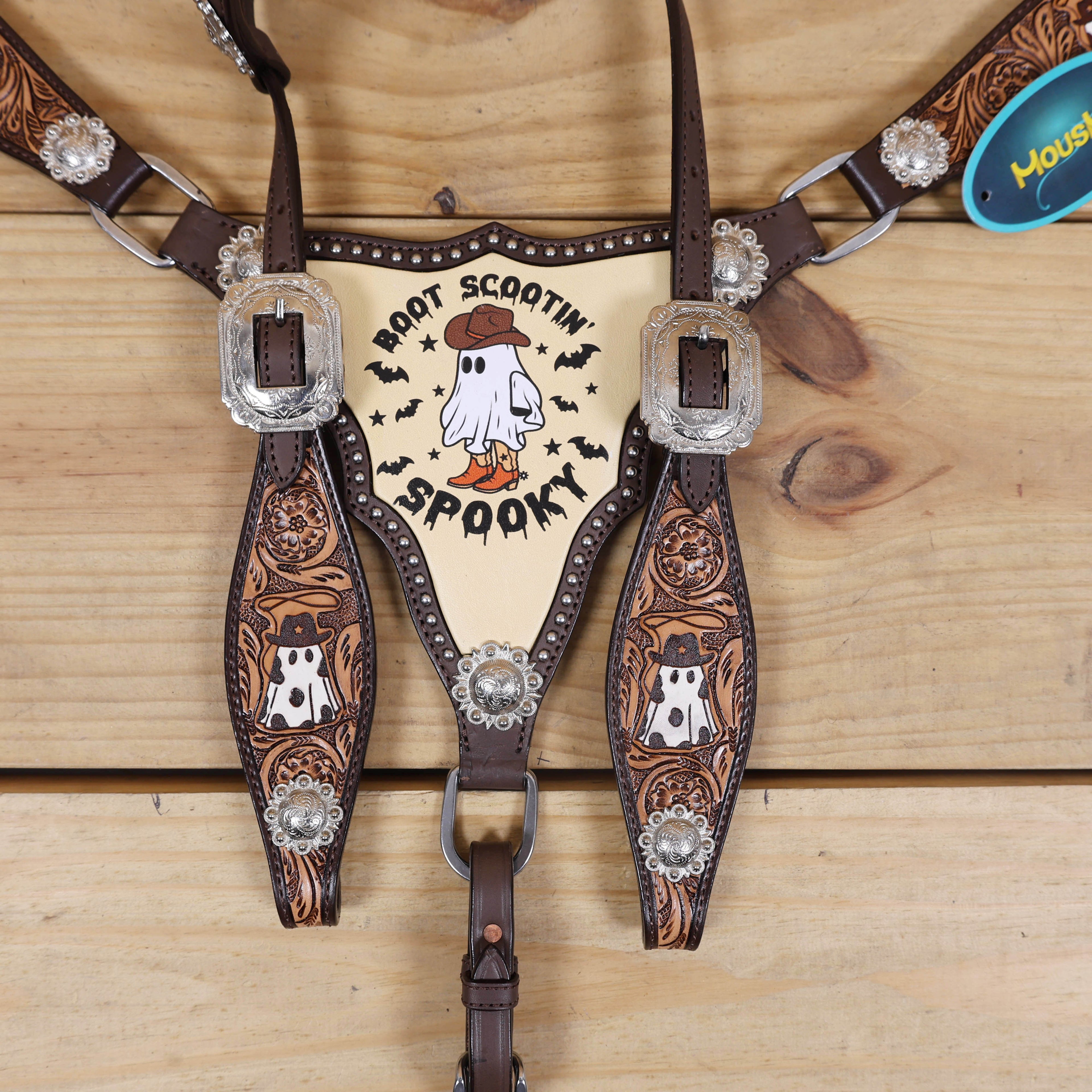 Western Headstall and Breast Collar Set Halloween Ghost Engraving and Painted Gladiator Style Breast Collar with Silver Studs MOUSM