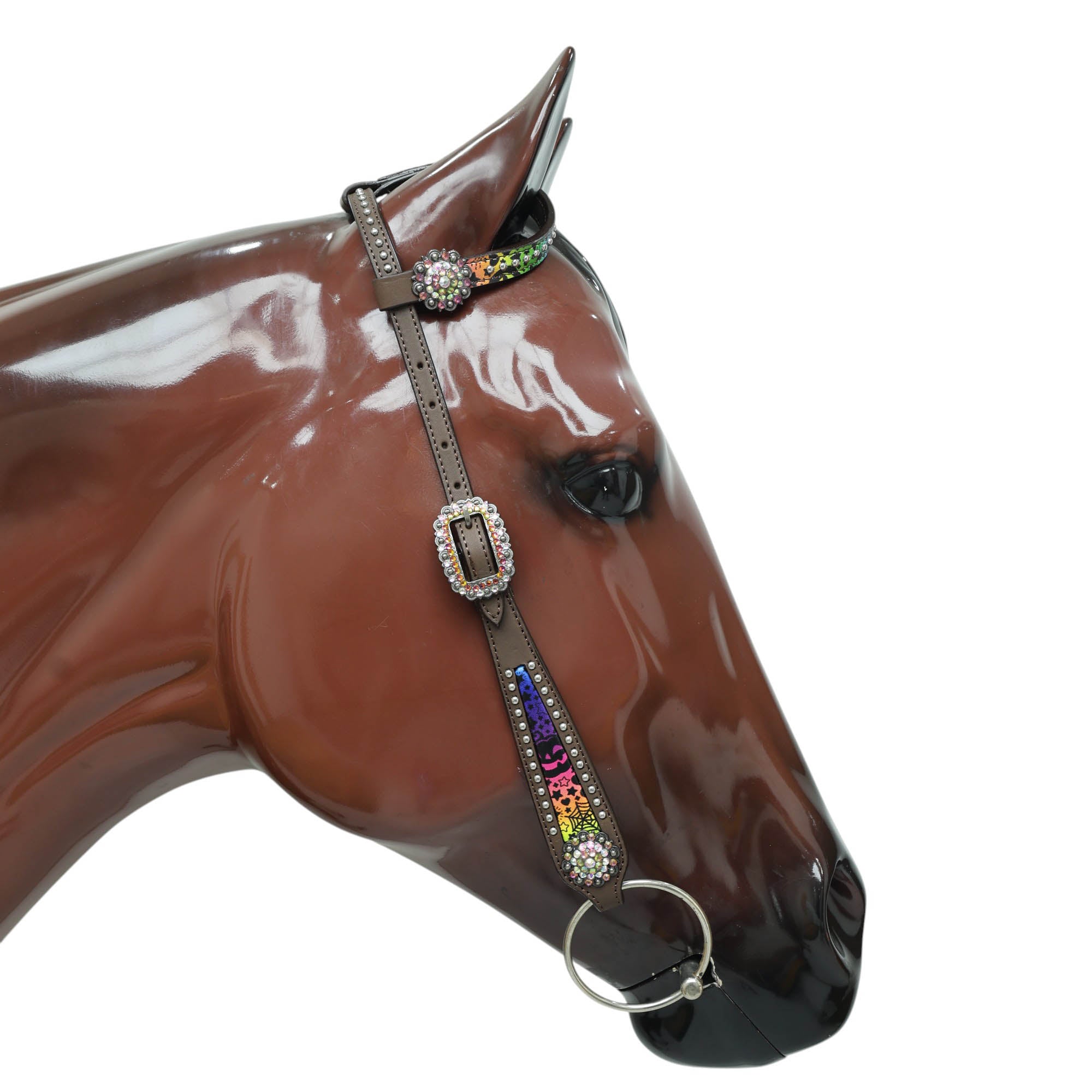 Western Halloween Headstall and Breast Collar Set Rainbow Style Halloween Print with Rhinestone Berry Conchos MOUSM