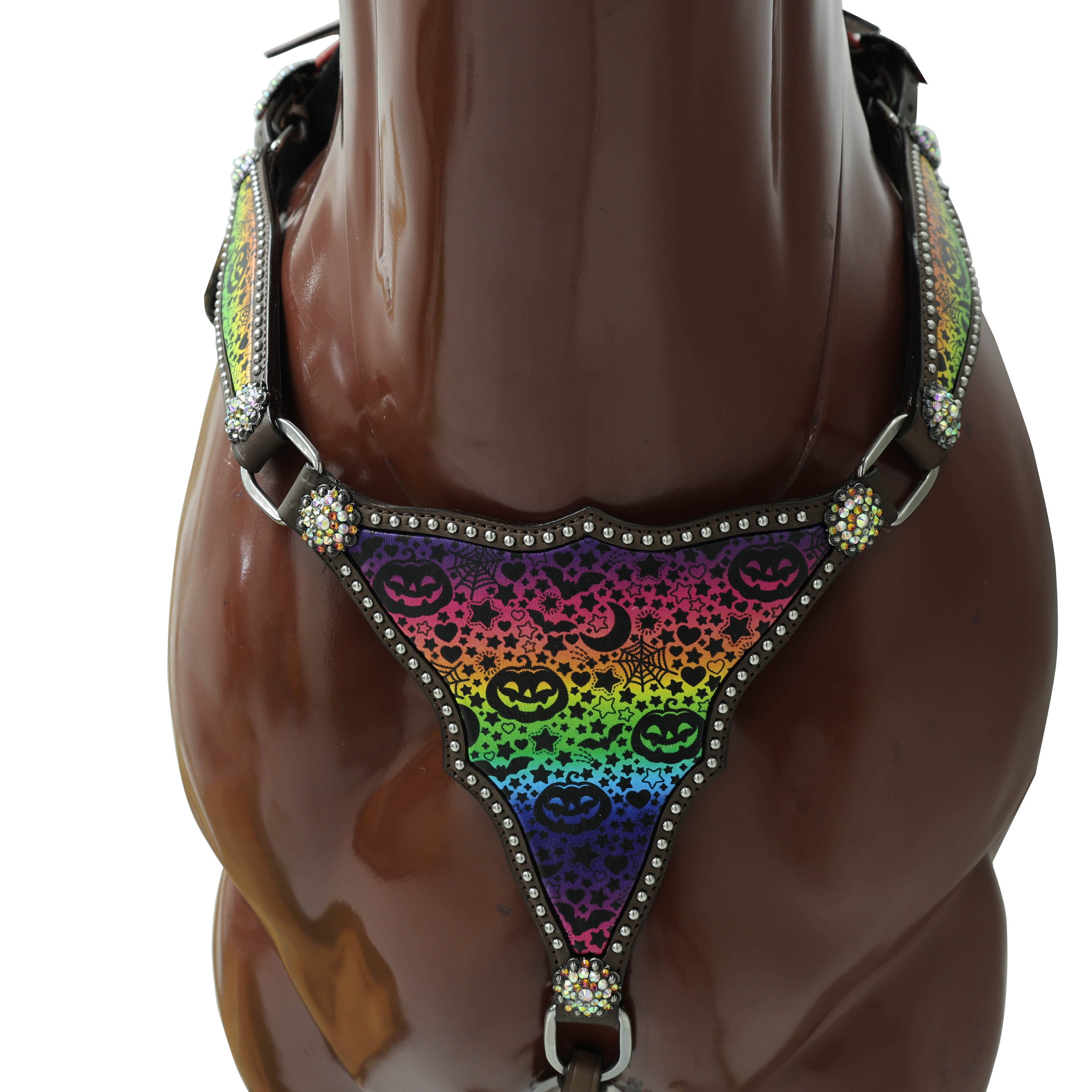 Western Halloween Headstall and Breast Collar Set Rainbow Style Halloween Print with Rhinestone Berry Conchos MOUSM
