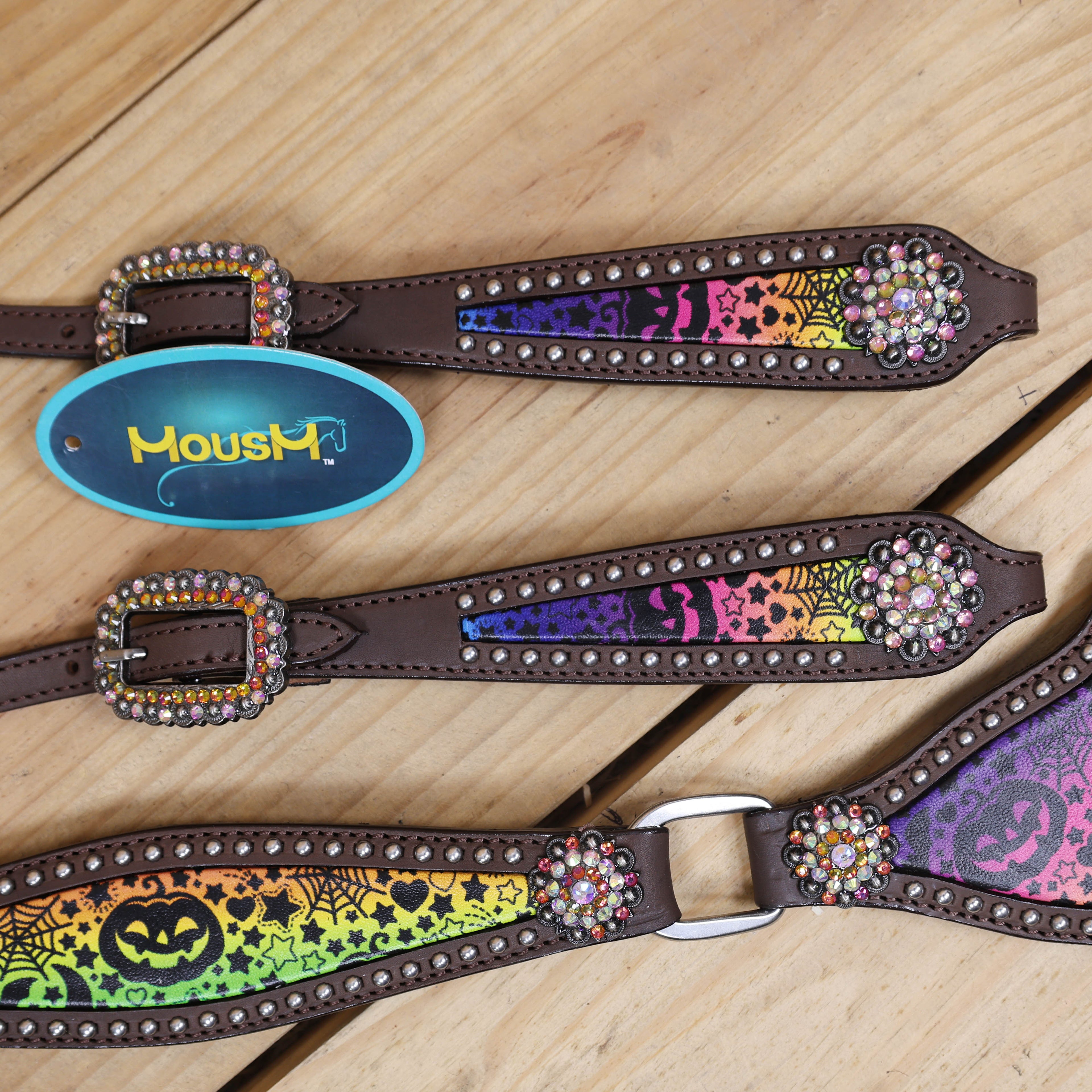 Western Halloween Headstall and Breast Collar Set Rainbow Style Halloween Print with Rhinestone Berry Conchos MOUSM
