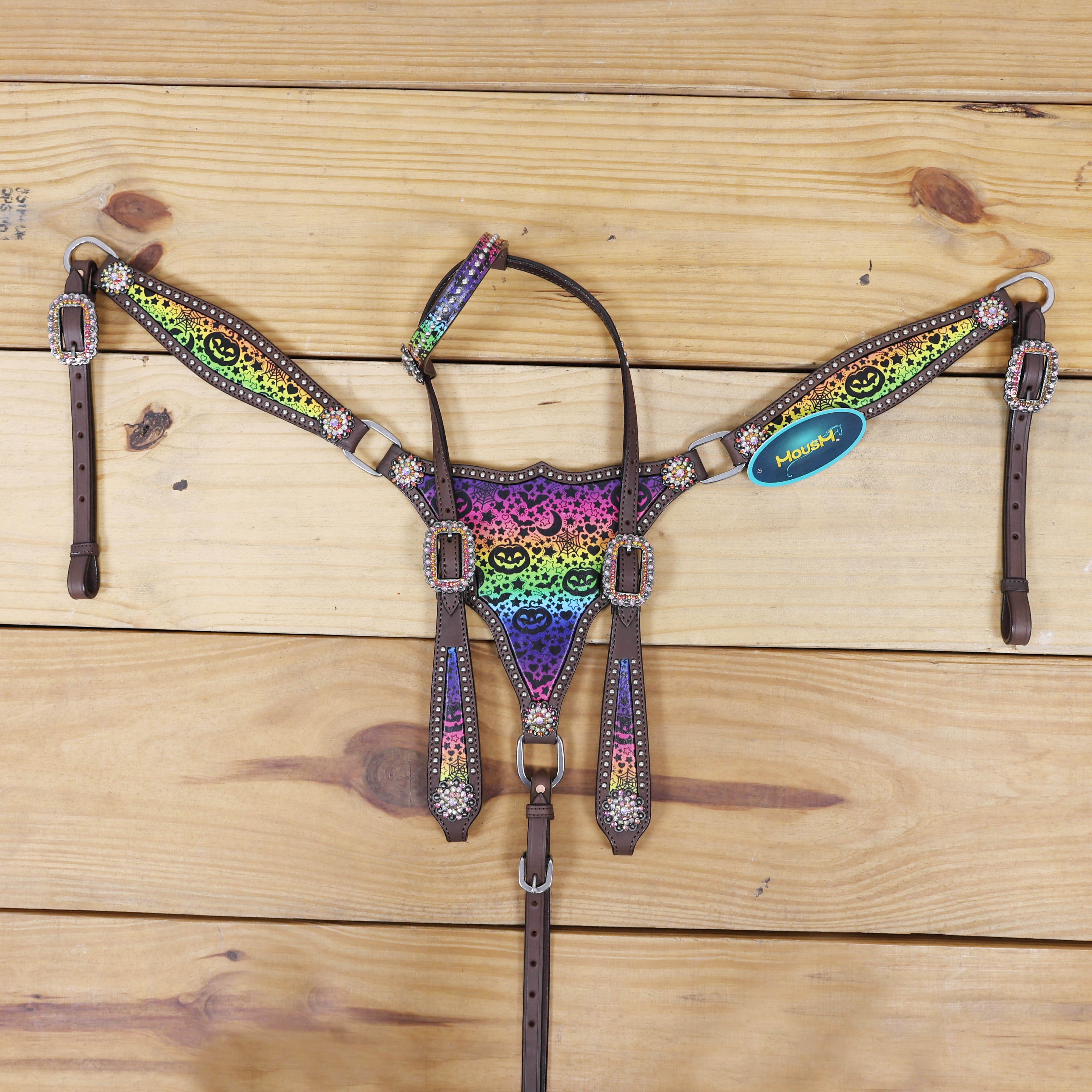 Western Halloween Headstall and Breast Collar Set Rainbow Style Halloween Print with Rhinestone Berry Conchos MOUSM