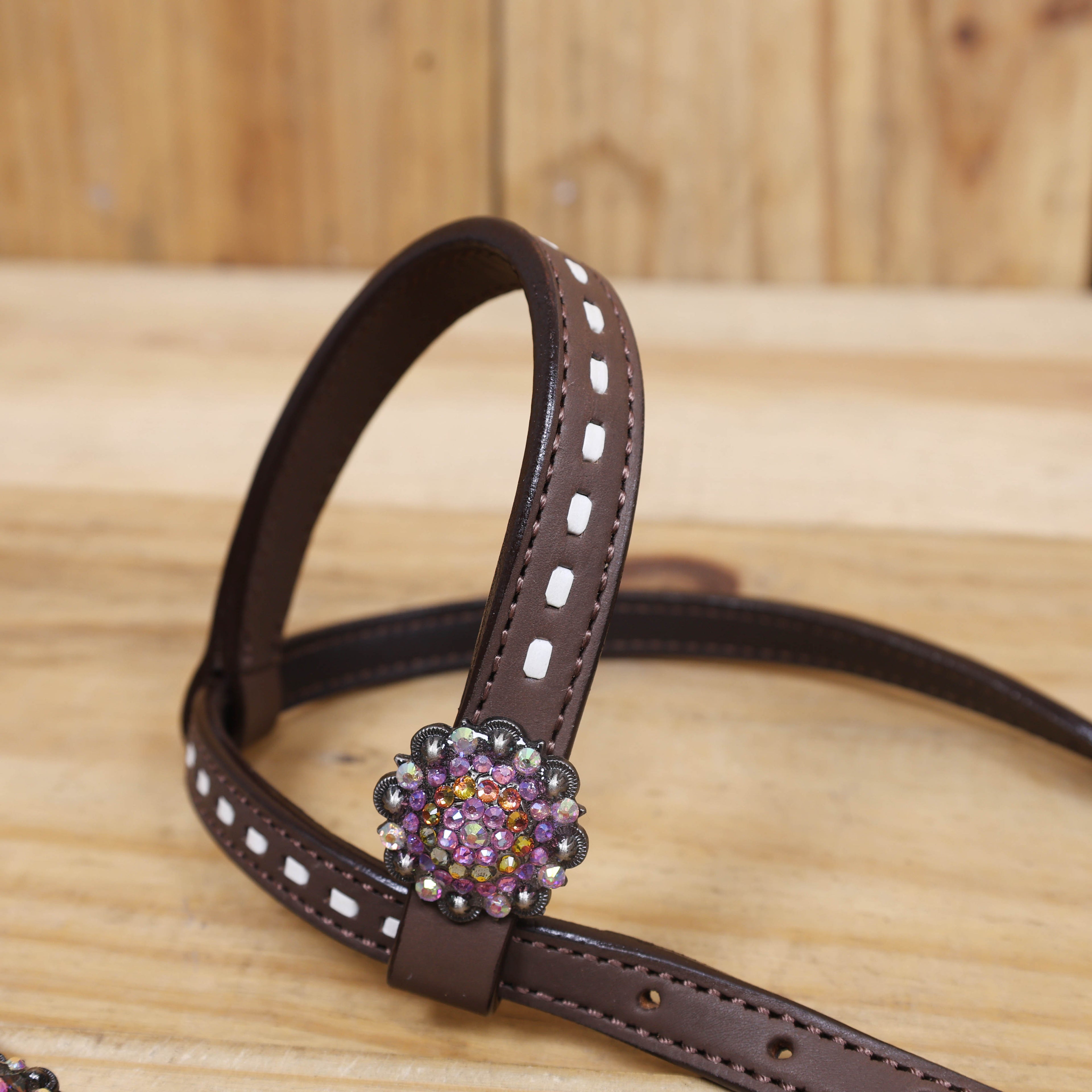 Western Unicorn Print Headstall and Gladiator Breast Collar Set with Holographic Leather, Rawhide Buck Stitching, and Rainbow Berry Conchos MOUSM