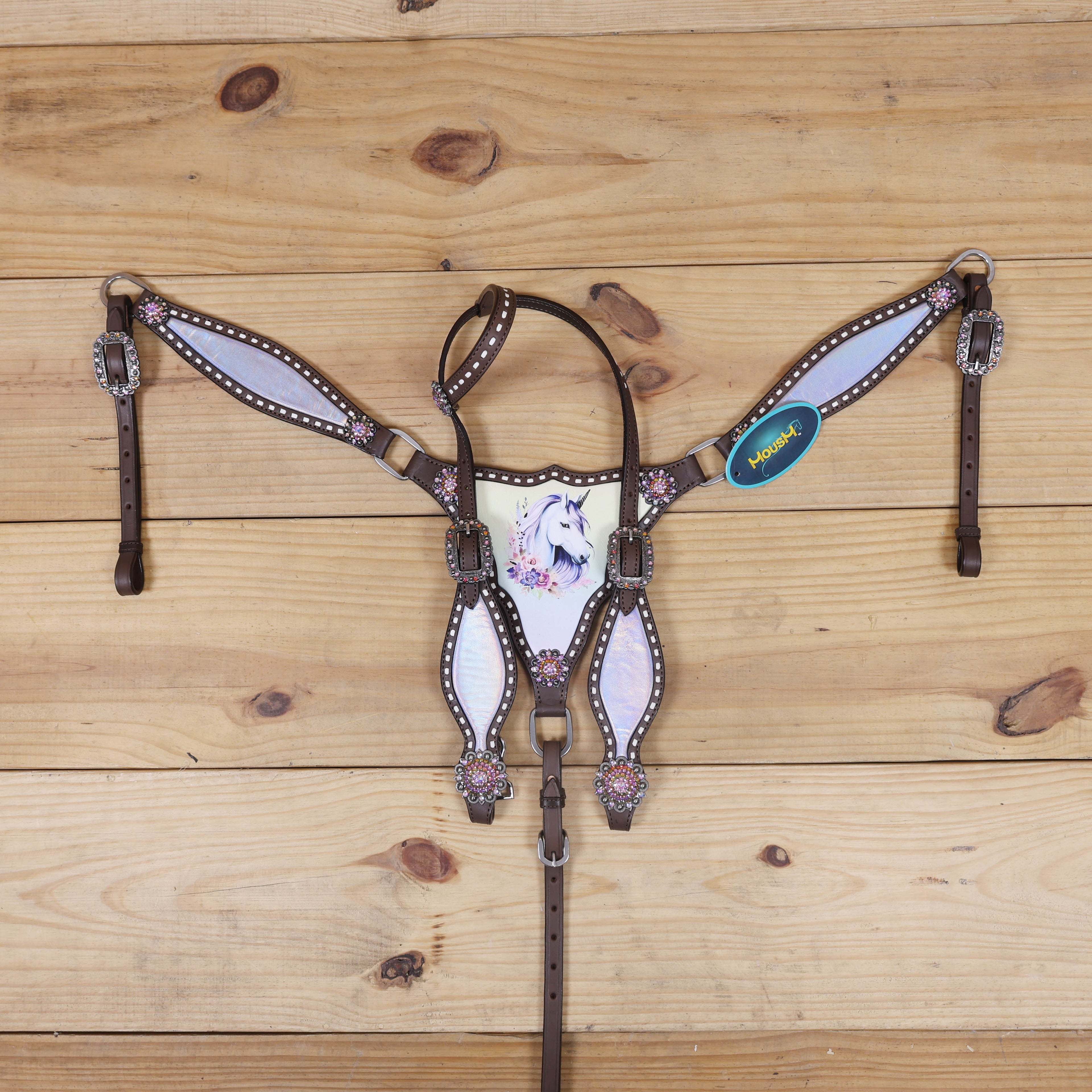 Western Unicorn Print Headstall and Gladiator Breast Collar Set with Holographic Leather, Rawhide Buck Stitching, and Rainbow Berry Conchos MOUSM