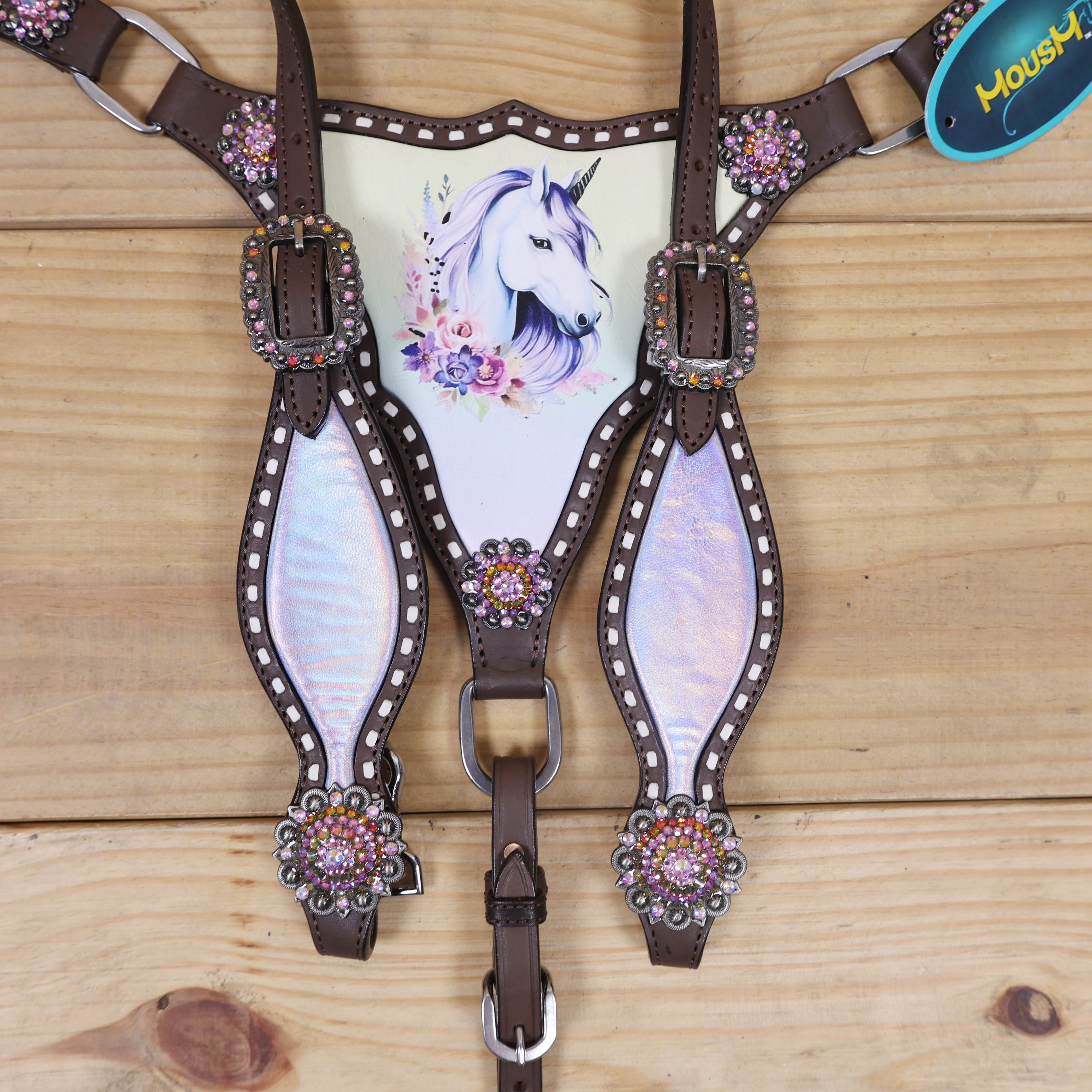 Western Unicorn Print Headstall and Gladiator Breast Collar Set with Holographic Leather, Rawhide Buck Stitching, and Rainbow Berry Conchos MOUSM