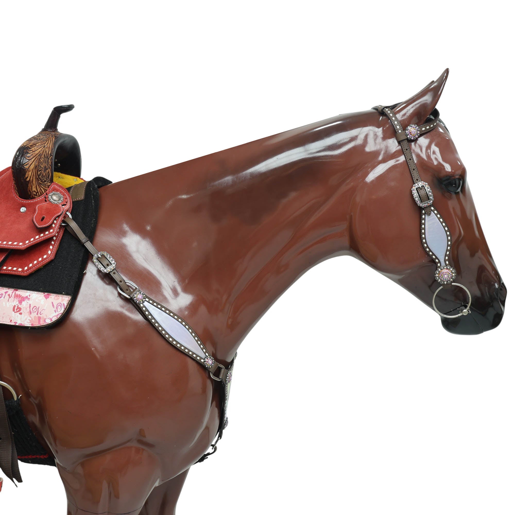 Western Unicorn Print Headstall and Gladiator Breast Collar Set with Holographic Leather, Rawhide Buck Stitching, and Rainbow Berry Conchos MOUSM