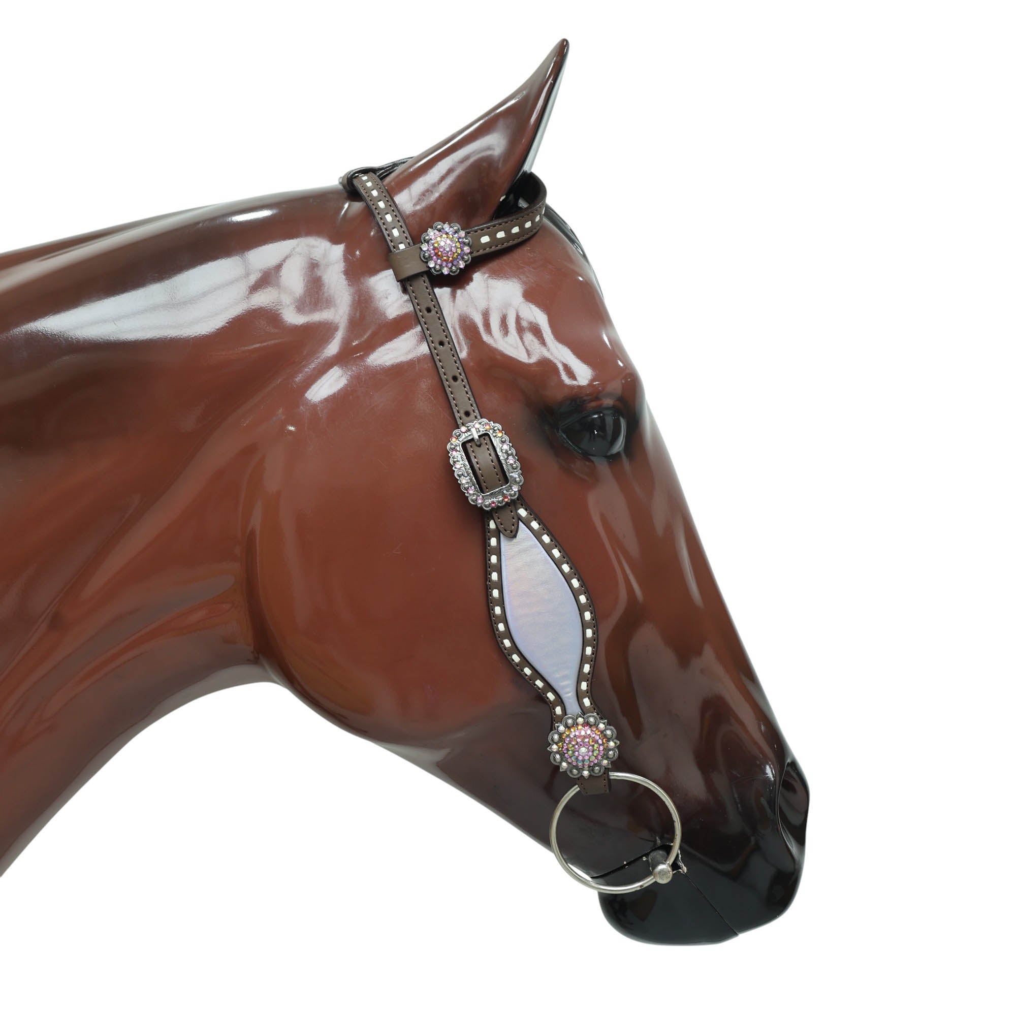 Western Unicorn Print Headstall and Gladiator Breast Collar Set with Holographic Leather, Rawhide Buck Stitching, and Rainbow Berry Conchos MOUSM