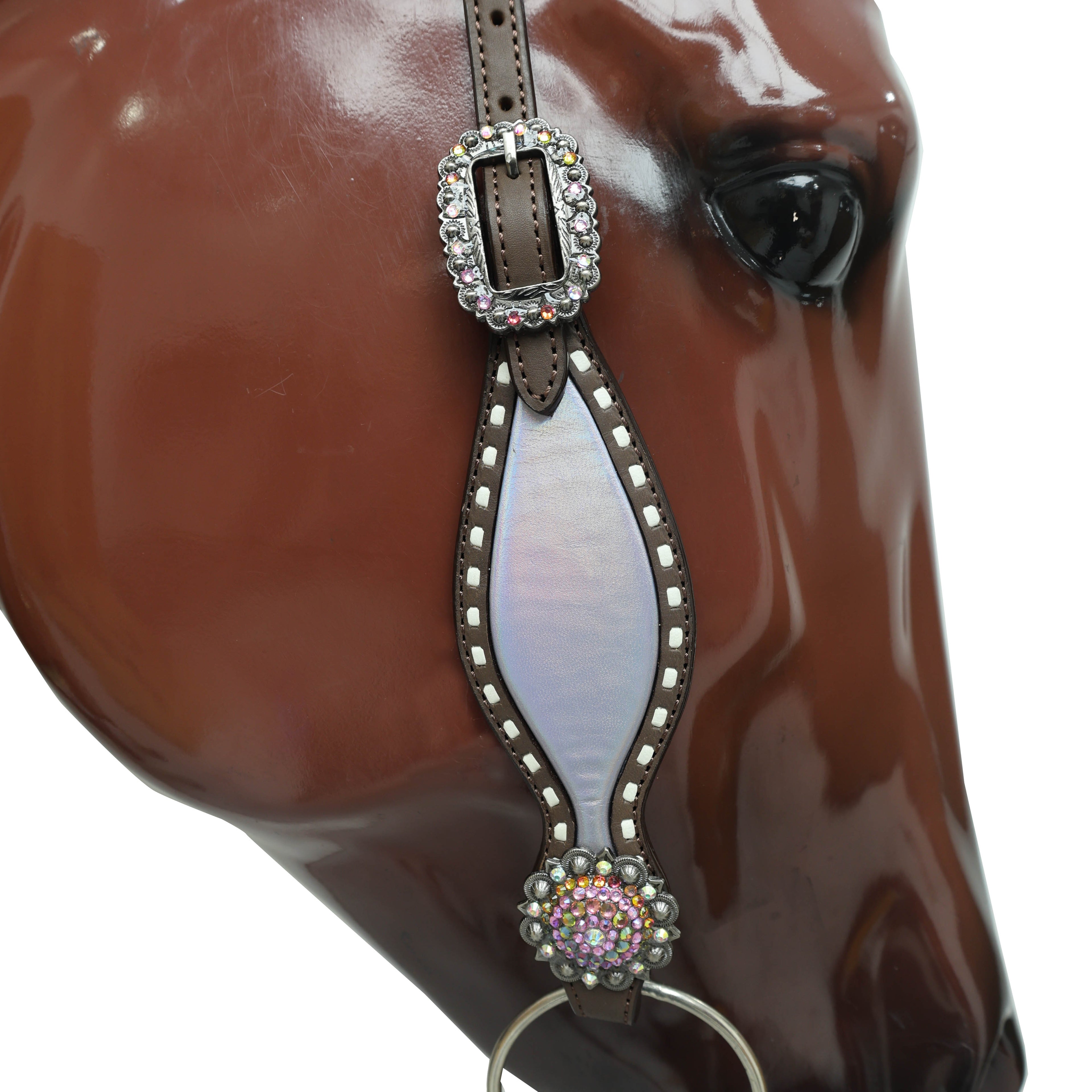 Western Unicorn Print Headstall and Gladiator Breast Collar Set with Holographic Leather, Rawhide Buck Stitching, and Rainbow Berry Conchos MOUSM