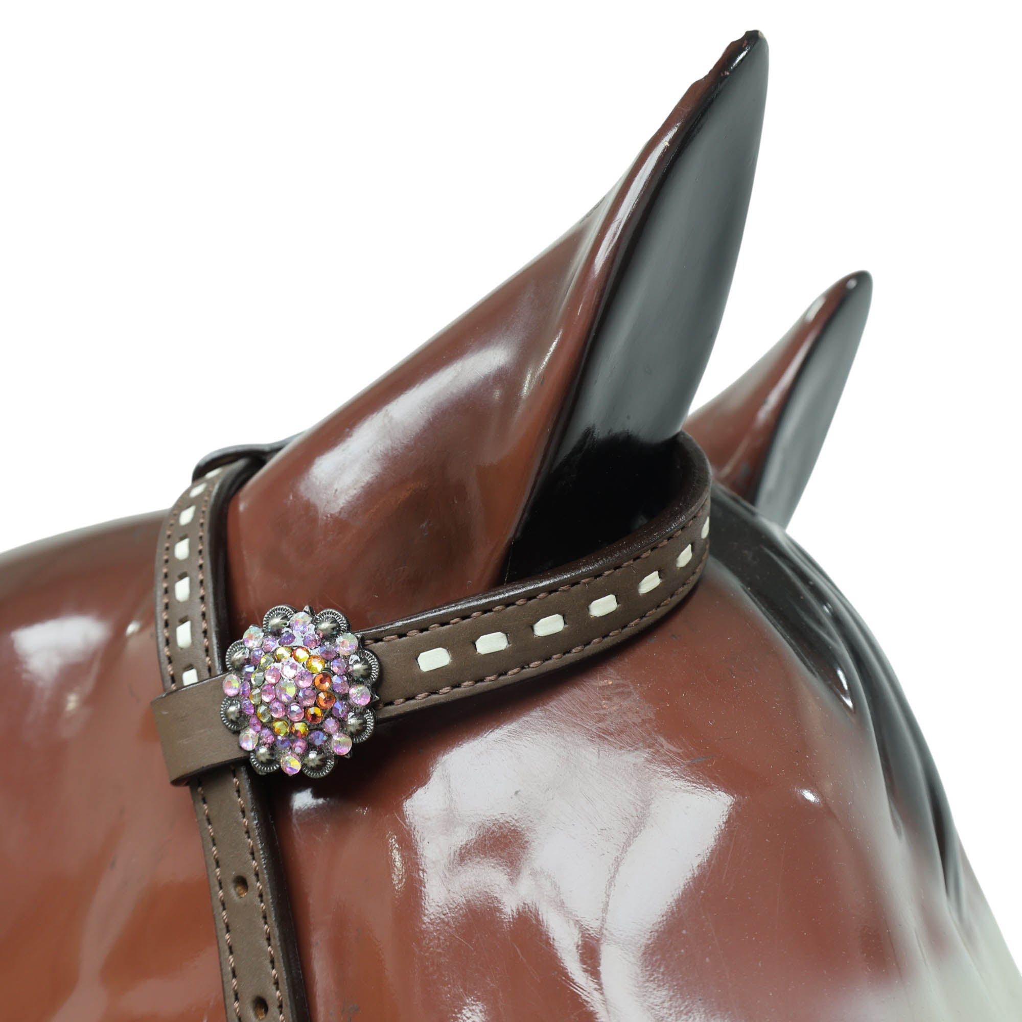 Western Unicorn Print Headstall and Gladiator Breast Collar Set with Holographic Leather, Rawhide Buck Stitching, and Rainbow Berry Conchos MOUSM