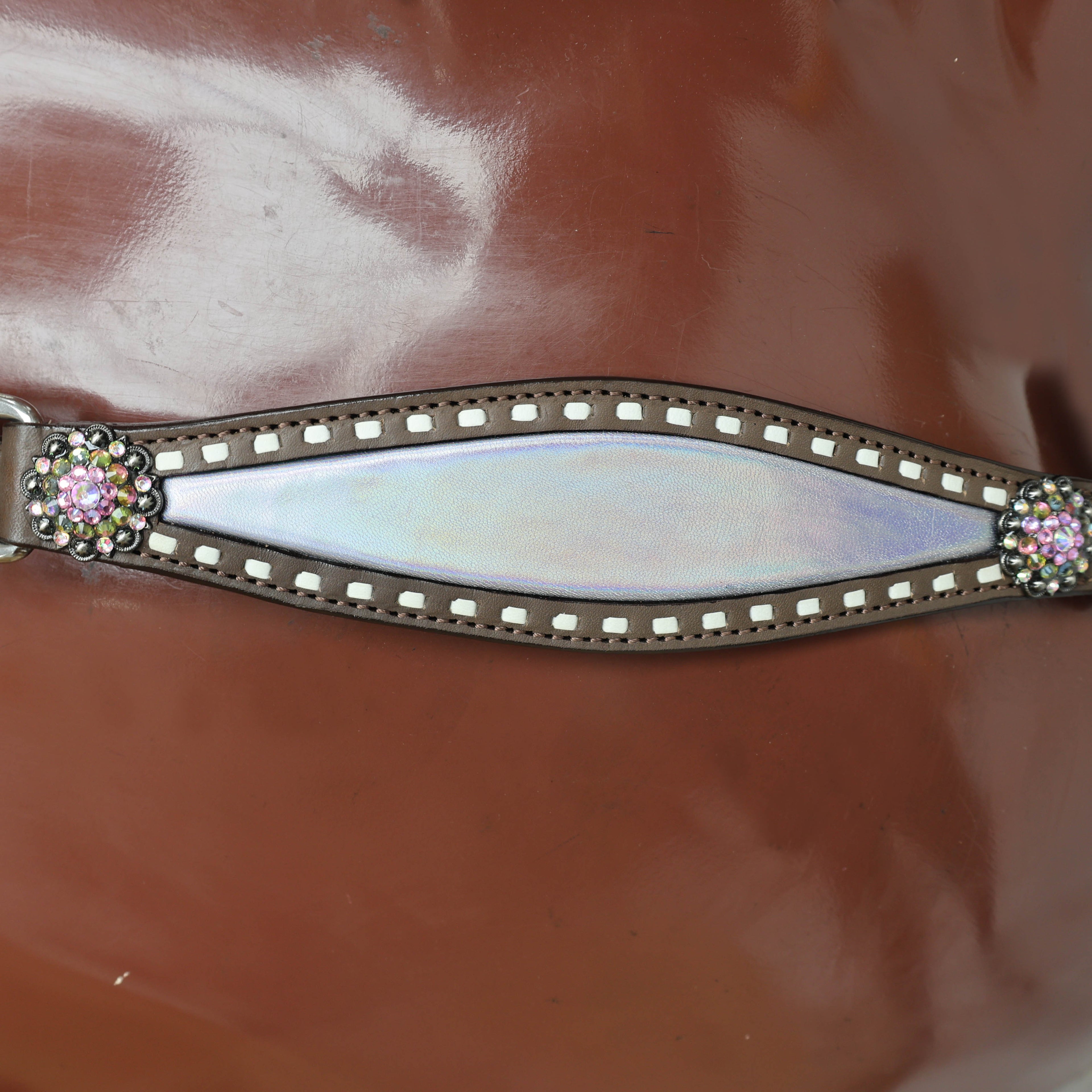 Western Unicorn Print Headstall and Gladiator Breast Collar Set with Holographic Leather, Rawhide Buck Stitching, and Rainbow Berry Conchos MOUSM