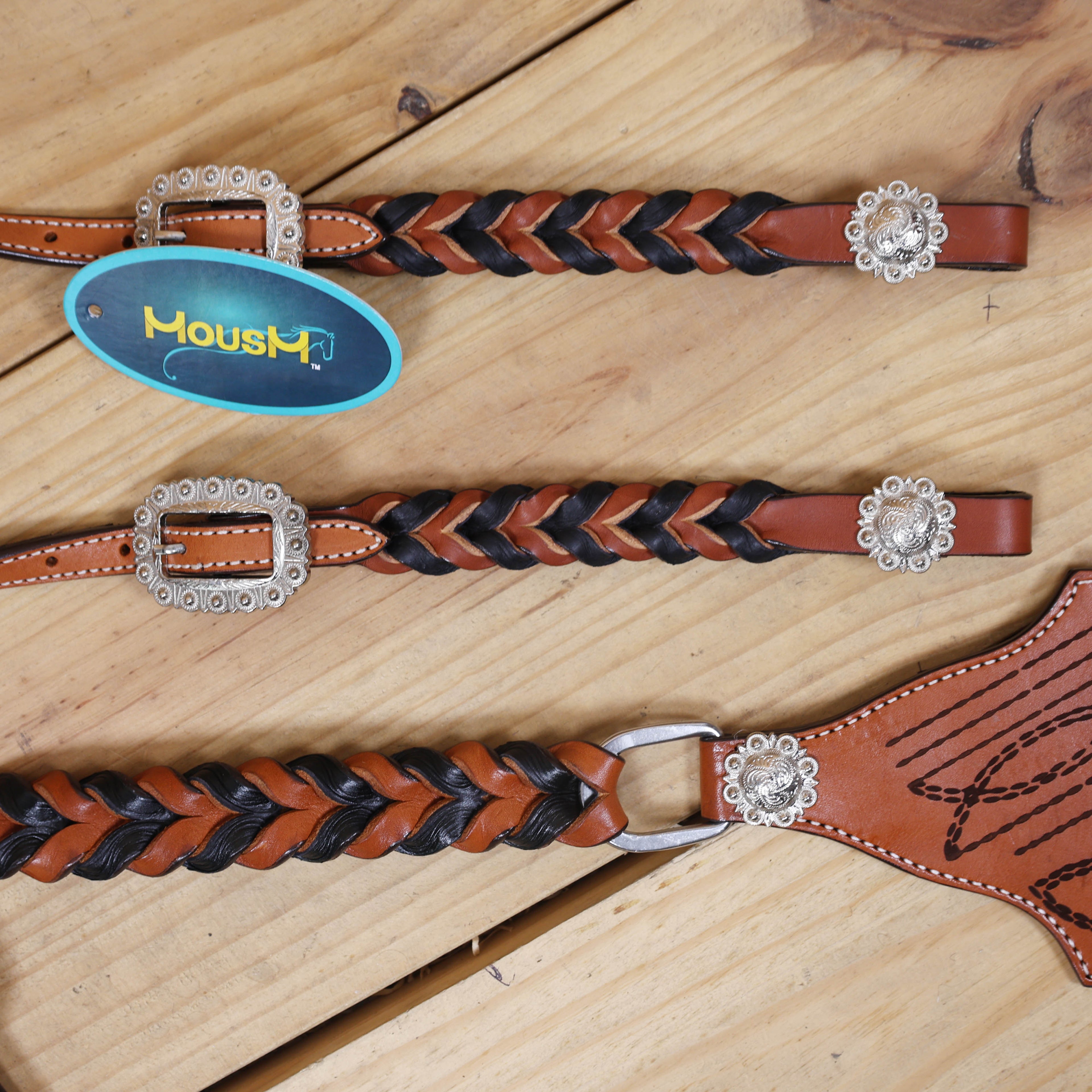 Western Headstall Set Decorated with Twisted Leather Braiding on Cheekpiece and One Ear, Cowboy Boot Engraved Gladiator Breast Collar MOUSM