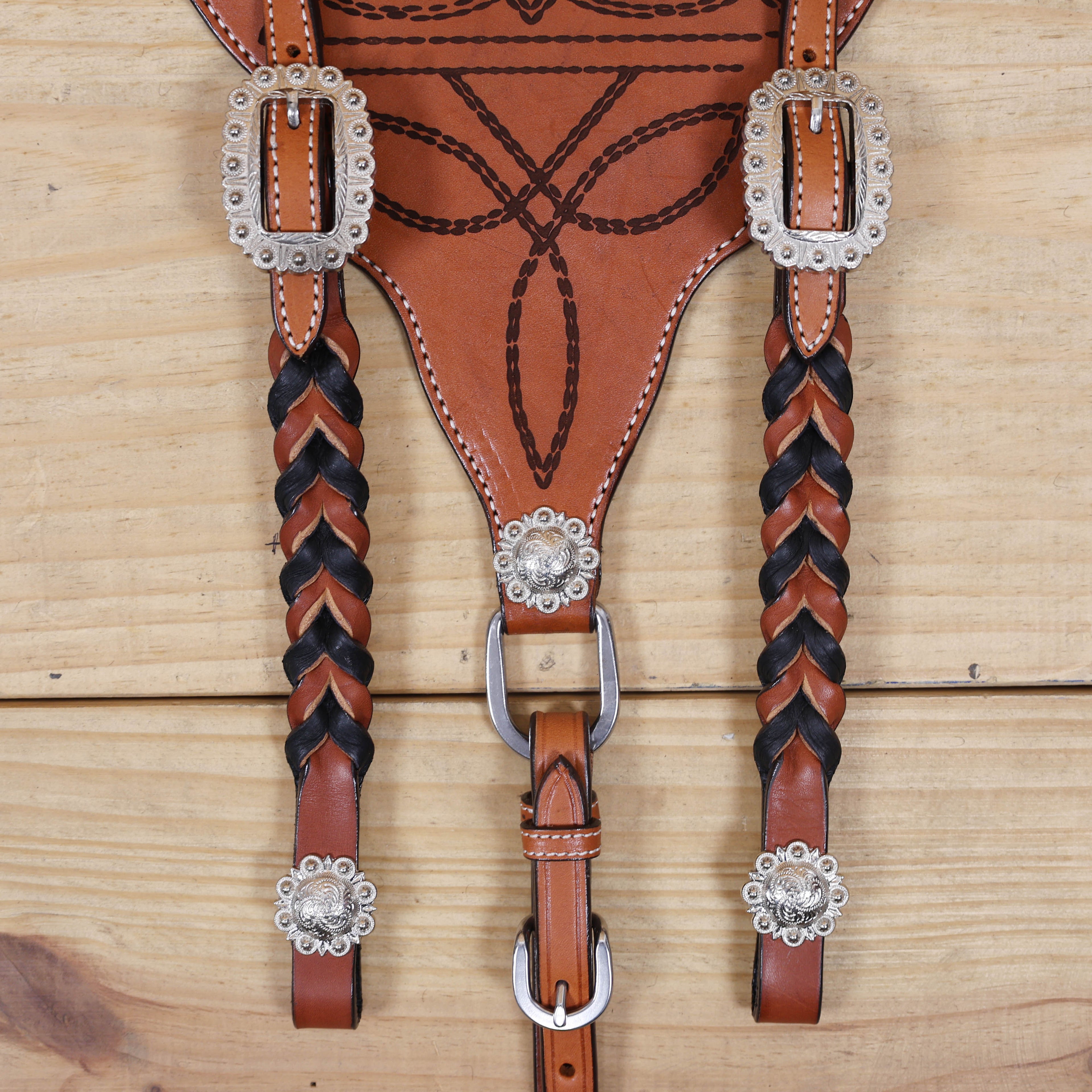 Western Headstall Set Decorated with Twisted Leather Braiding on Cheekpiece and One Ear, Cowboy Boot Engraved Gladiator Breast Collar MOUSM