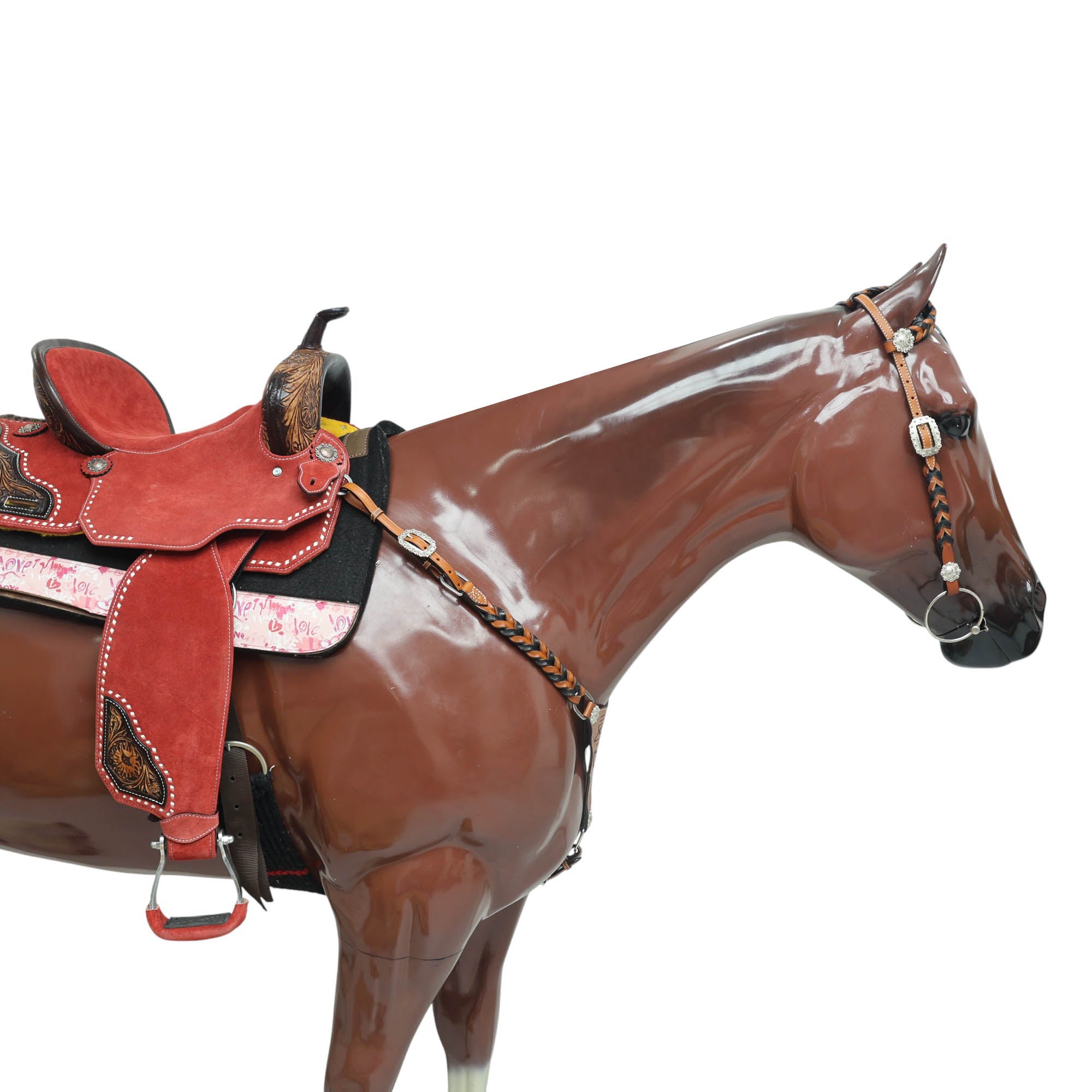 Western Headstall Set Decorated with Twisted Leather Braiding on Cheekpiece and One Ear, Cowboy Boot Engraved Gladiator Breast Collar MOUSM