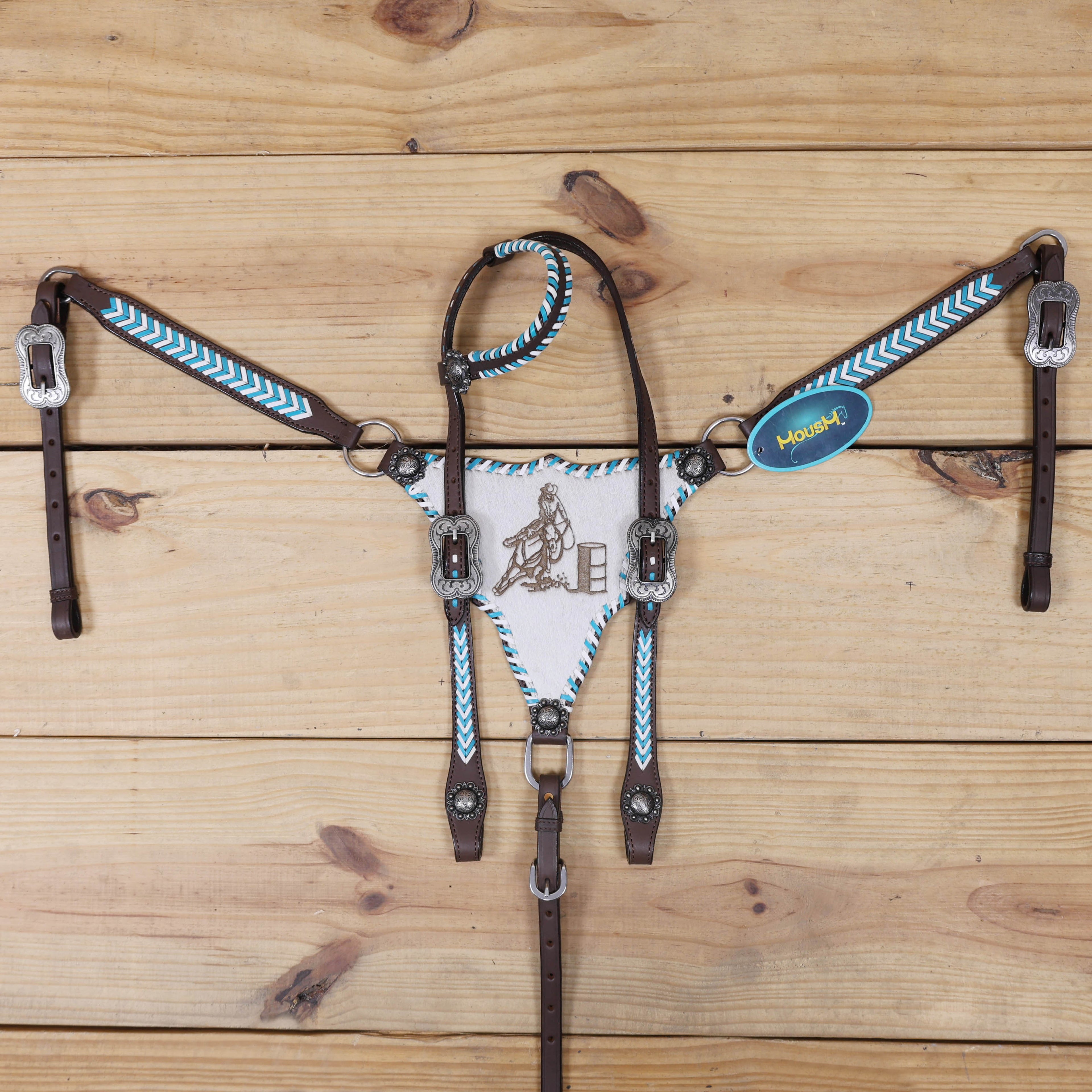 Western Leather Horse Headstall and Breast Collar Set Decorated with Arrow Style Teal and White Rawhide Stitching with Racer Motif Engraving MOUSM
