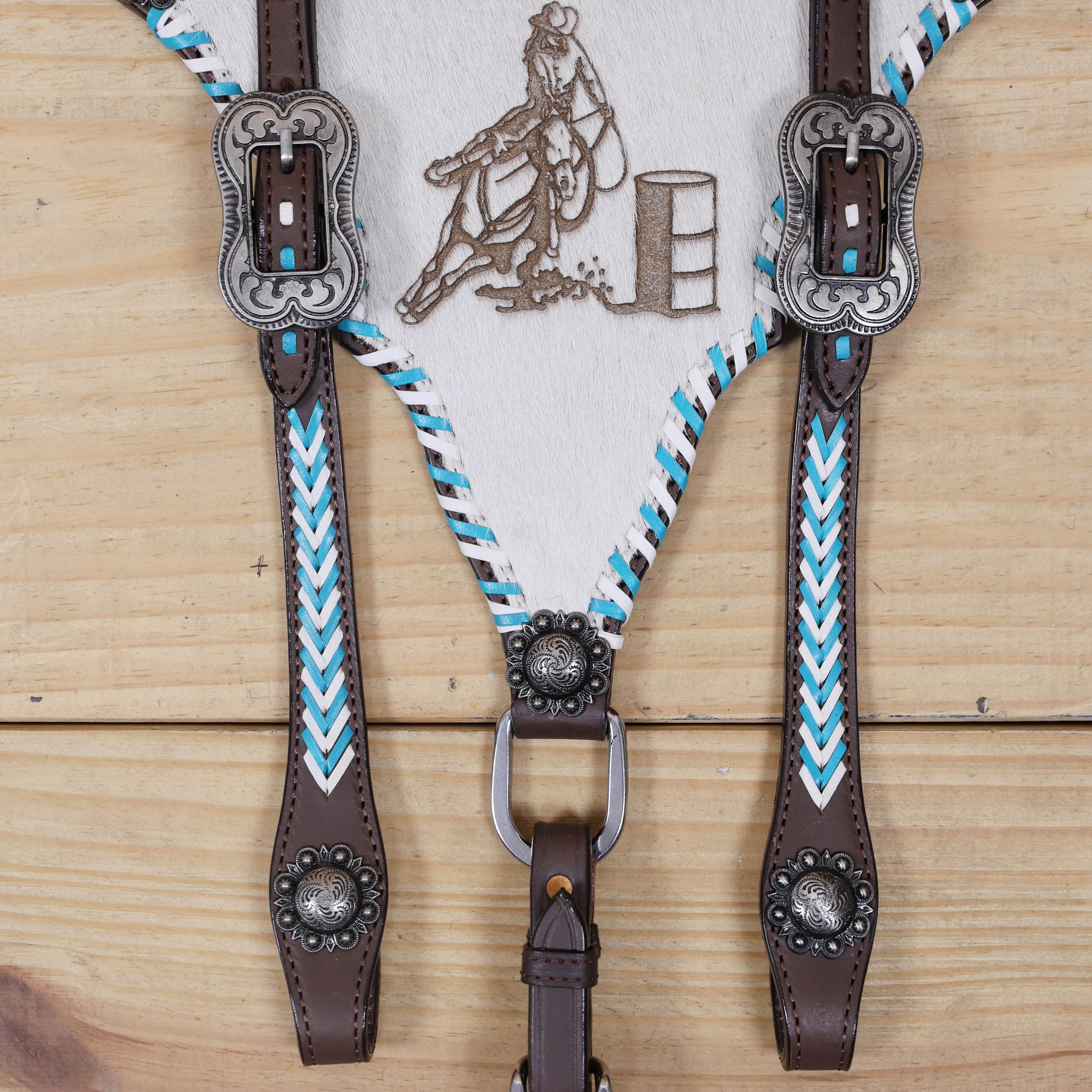Western Leather Horse Headstall and Breast Collar Set Decorated with Arrow Style Teal and White Rawhide Stitching with Racer Motif Engraving MOUSM